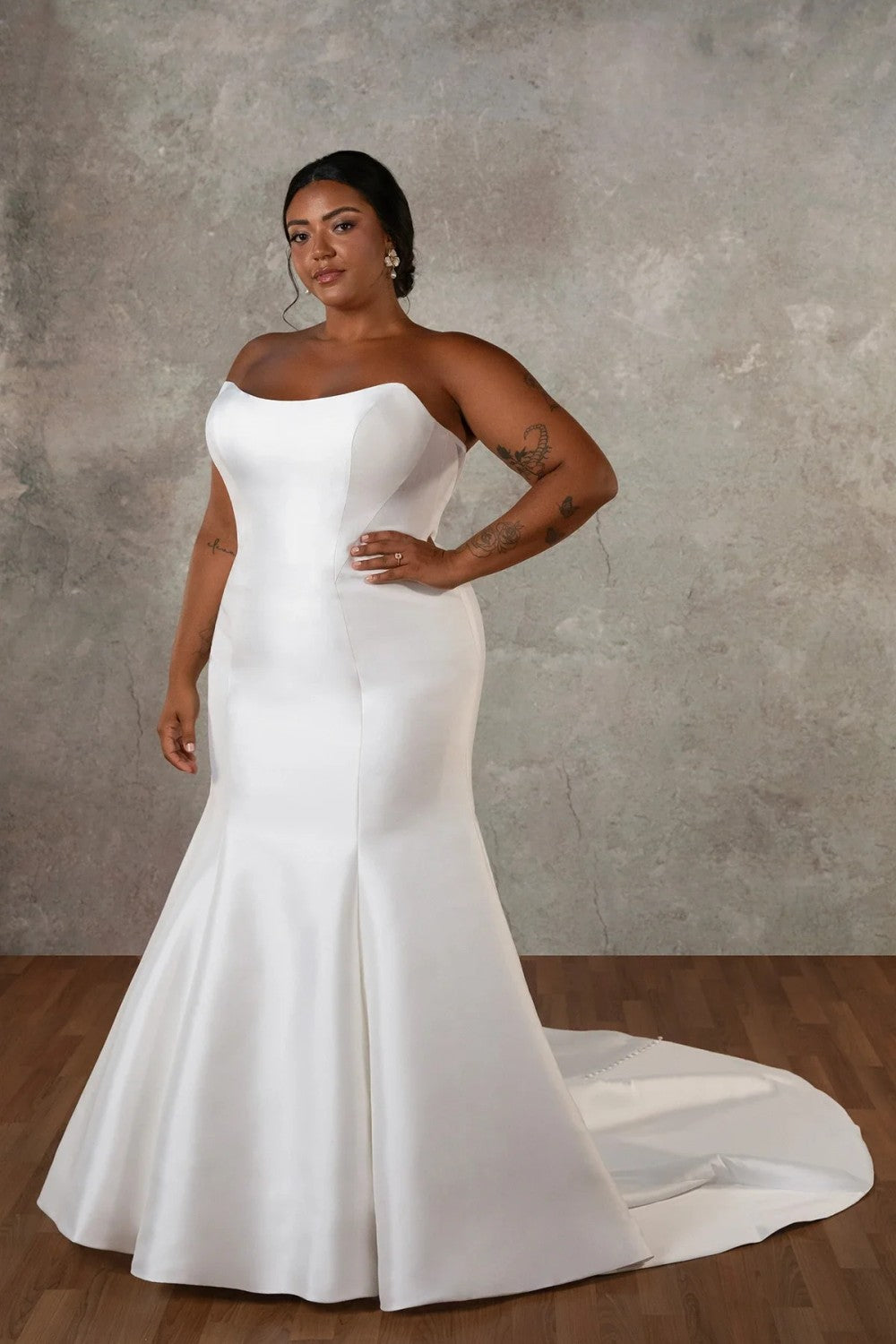 Plus-Size Modern And Romantic Strapless 3D Floral Silk Fit-And-Flare Wedding Dress With Buttons by Essense of Australia — image 1 of 2
