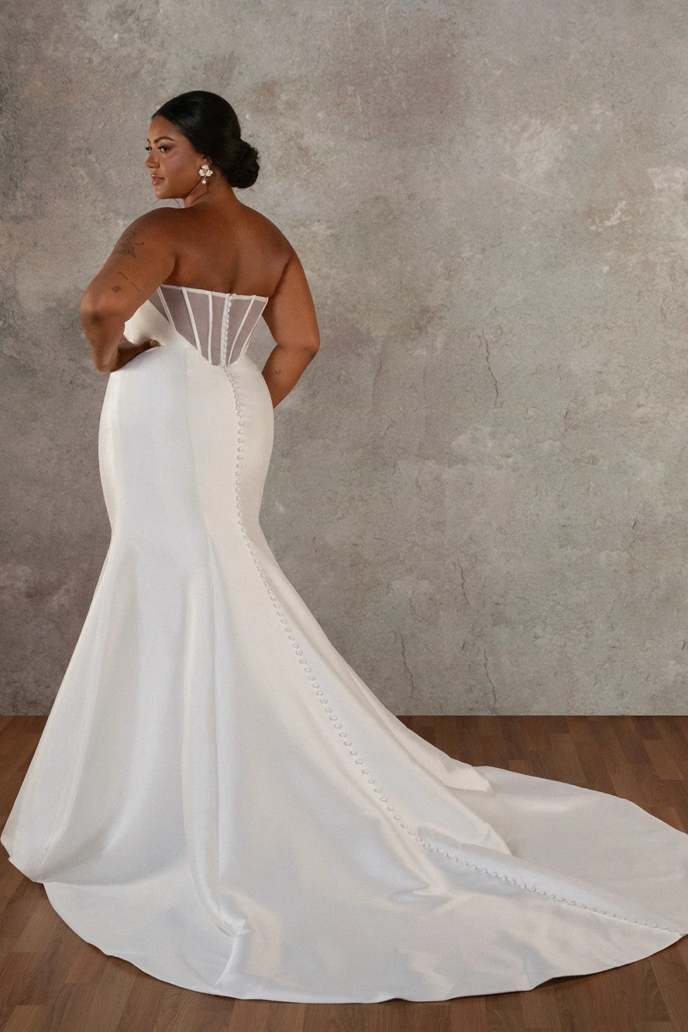 Plus-Size Modern And Romantic Strapless 3D Floral Silk Fit-And-Flare Wedding Dress With Buttons by Essense of Australia — image 2 of 2
