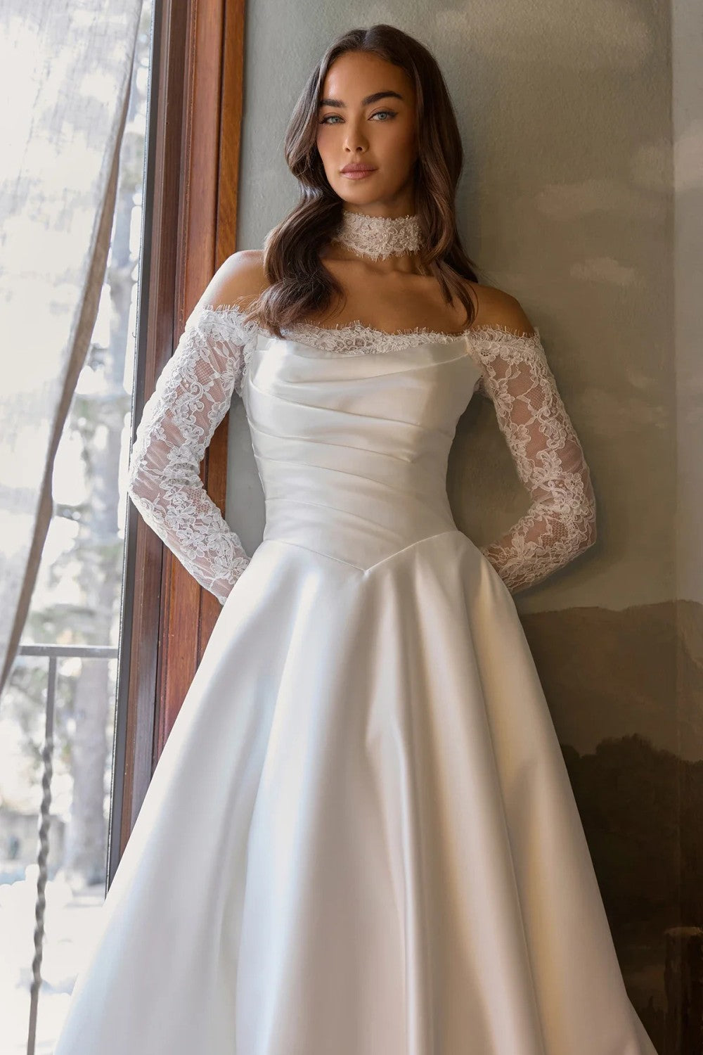 Romantic And Elegant Off-The-Shoulder Long Sleeve A-Line Wedding Dress With Buttons by Essense of Australia — image 2 of 3
