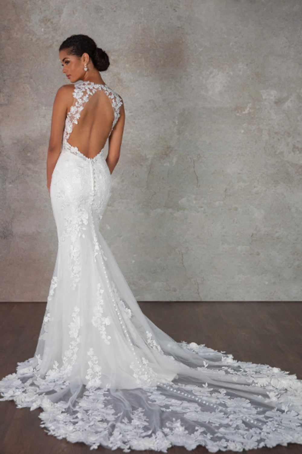 Sophisticated High-Neck Floral Fit-and-Flare Wedding Dress by Essense of Australia — image 2 of 2