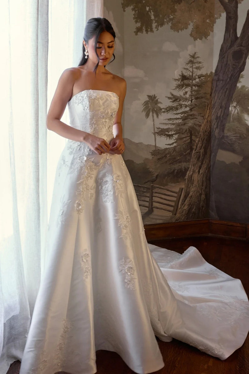 Strapless 3D Floral Silk A-Line Wedding Dress With Buttons | Kleinfeld Bridal Strapless 3D Floral Silk A-Line Wedding Dress With Buttons | Kleinfeld Bridal