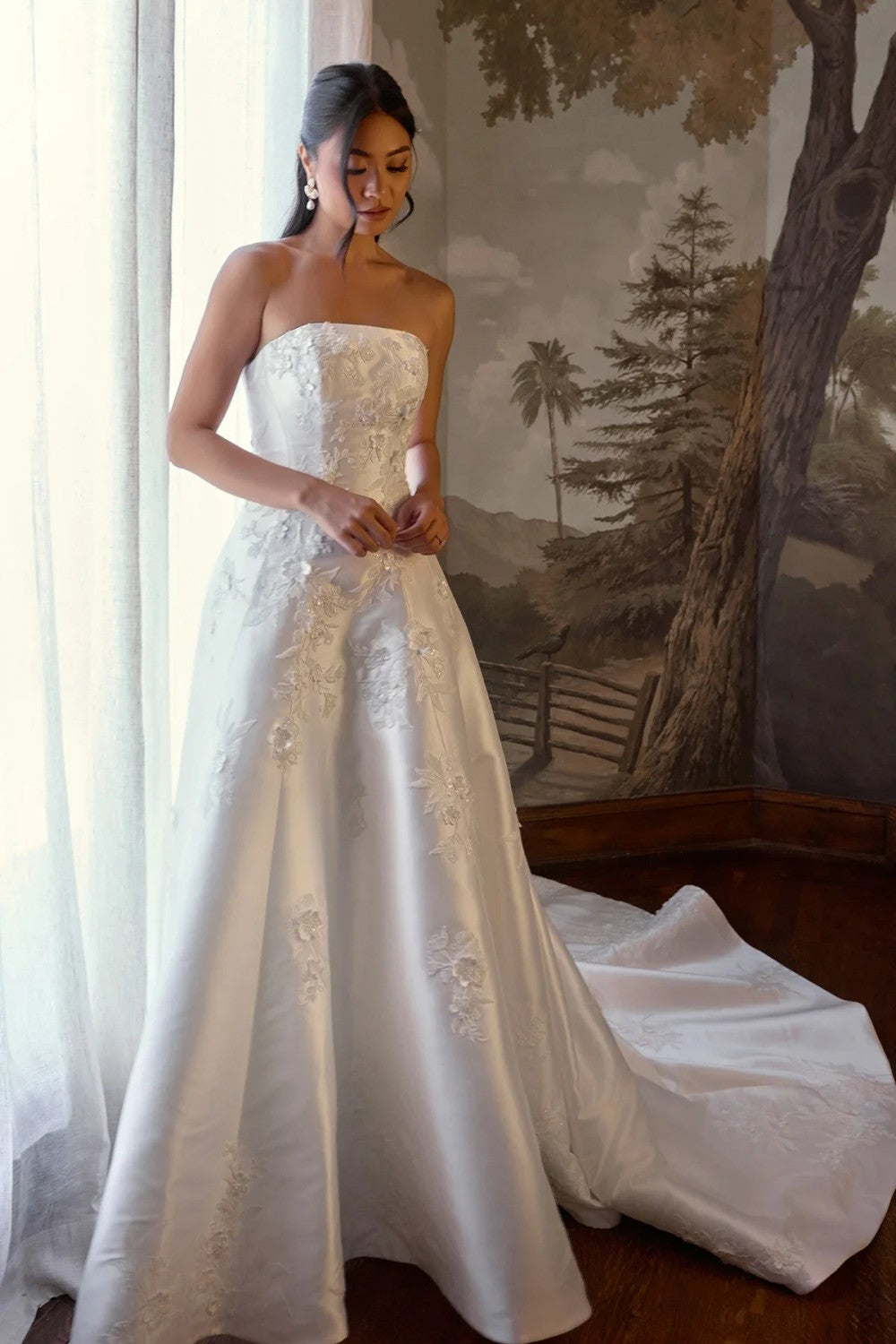 Strapless 3D Floral Silk A-Line Wedding Dress With Buttons by Essense of Australia — image 1 of 3