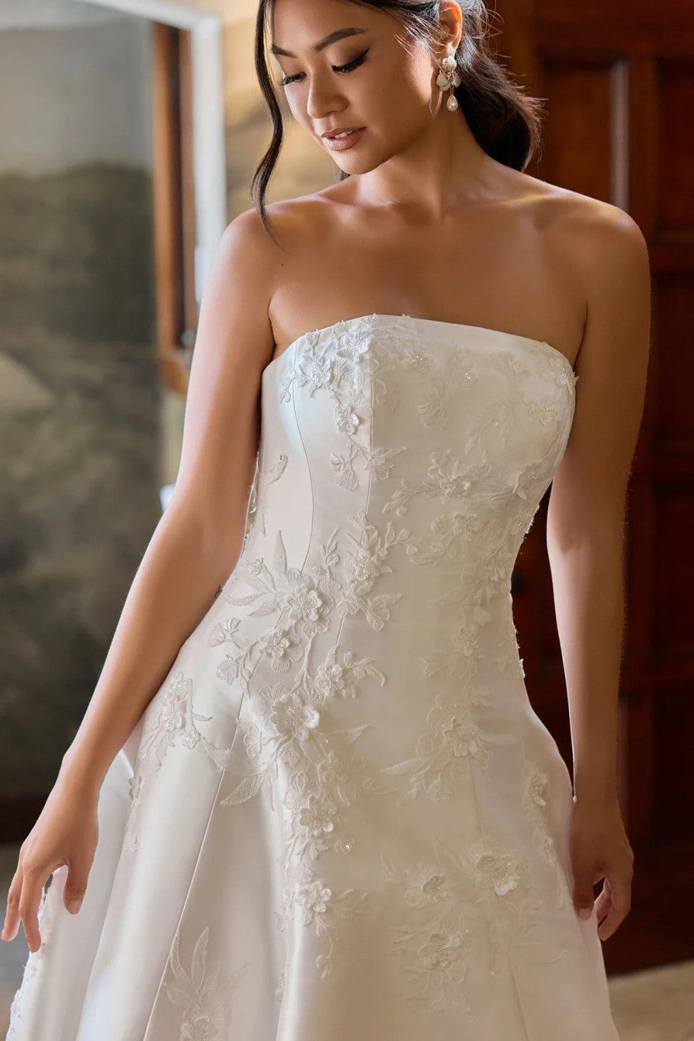 Strapless 3D Floral Silk A-Line Wedding Dress With Buttons by Essense of Australia — image 2 of 3
