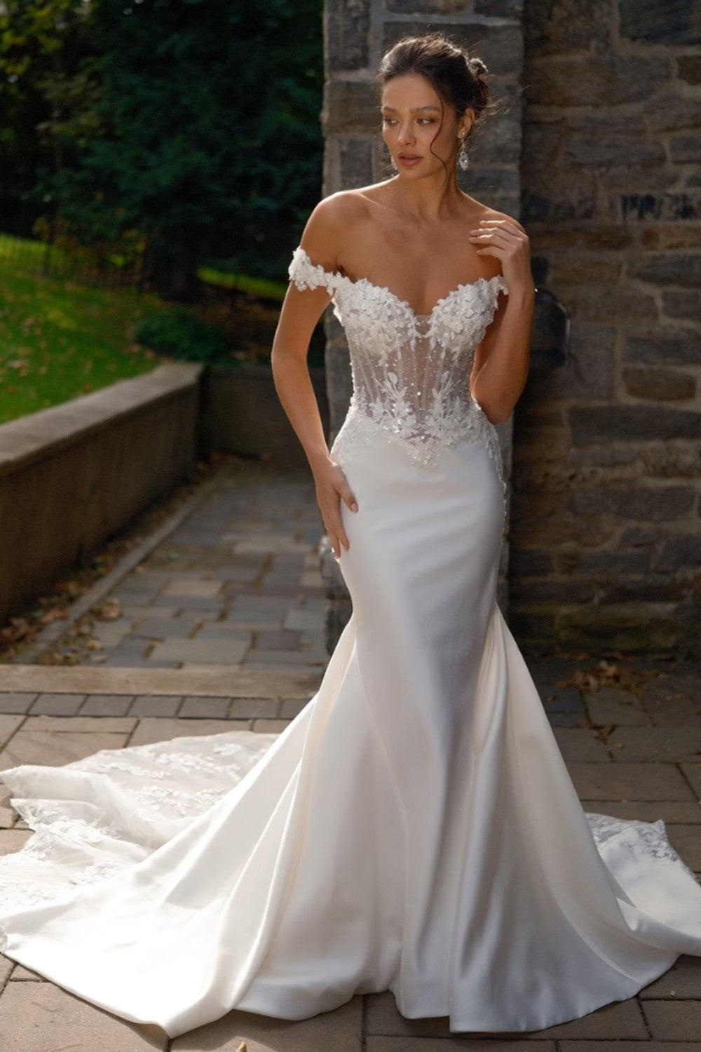 Off-The-Shoulder Fit-and-Flare Wedding Dress With Detachable Overskirt by Eve of Milady — image 1 of 3
