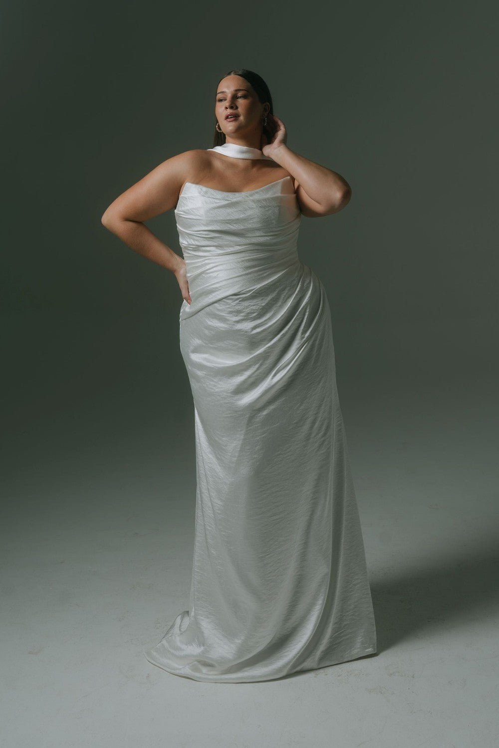 Plus-Size Silk Sheath Wedding Dress With Detachable Cape And Neck Scarf by Hera Couture — image 3 of 4