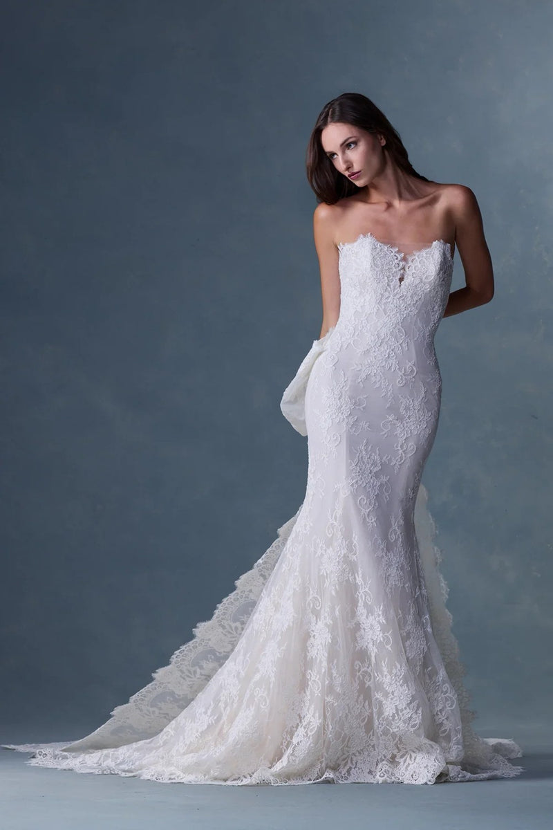 Lace Strapless Fit-and-Flare Gown With Bow Detail | Kleinfeld Bridal