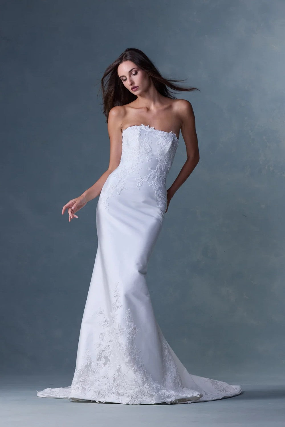 Strapless Fit‑and‑Flare Gown With Lace Appliqués