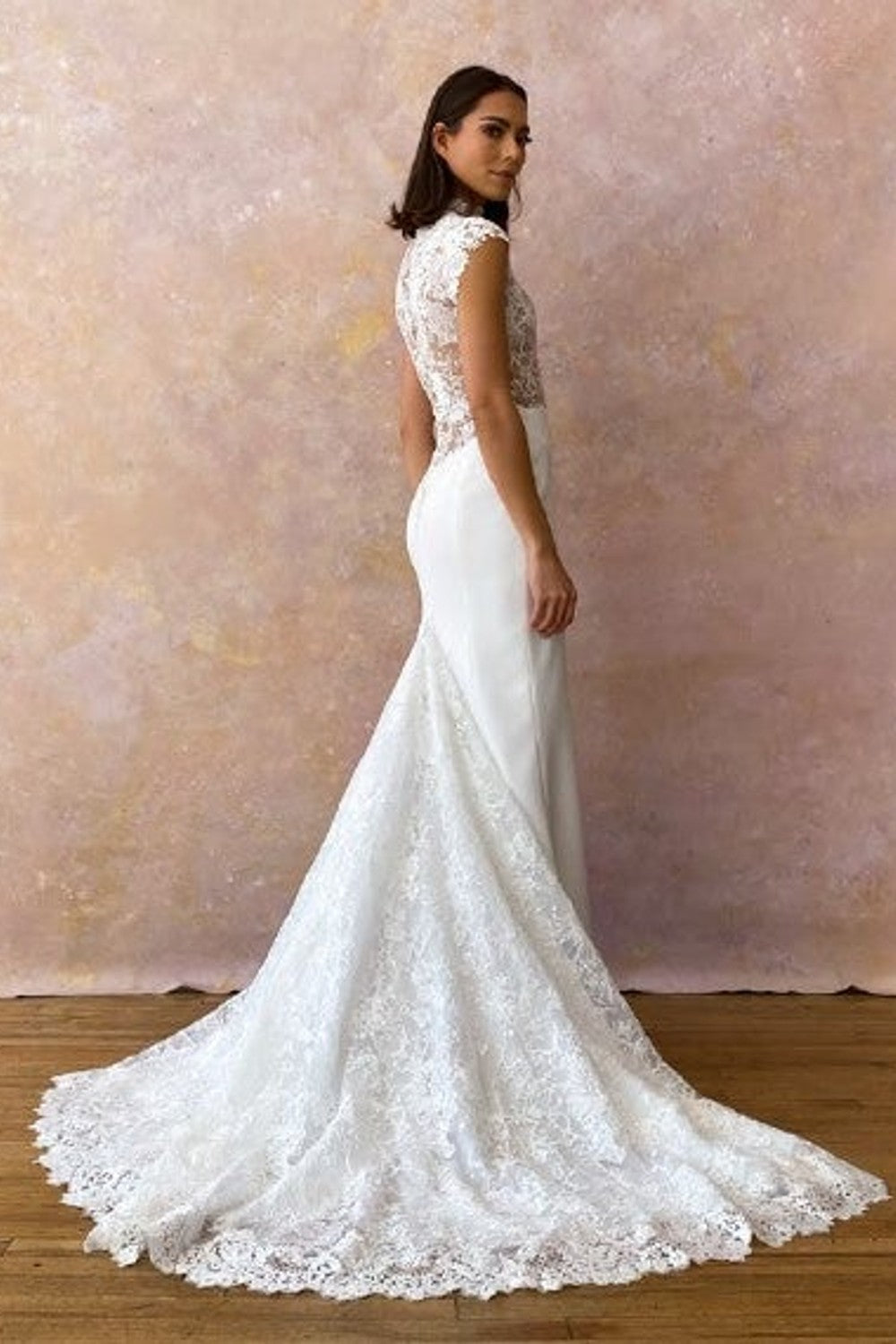 Lace High Neck Sheath Wedding Dress With Cap Sleeves by Ines by Ines Di Santo — image 2 of 2