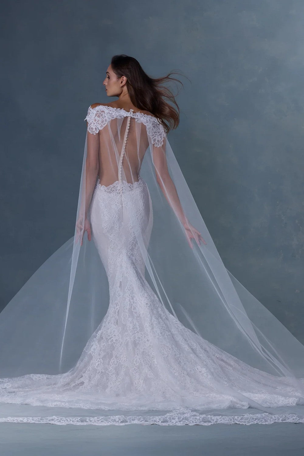 Modern And Unique Lace Fit-And-Flare Wedding Dress With Tulle Cape by Heritage by Ines Di Santo — image 2 of 2