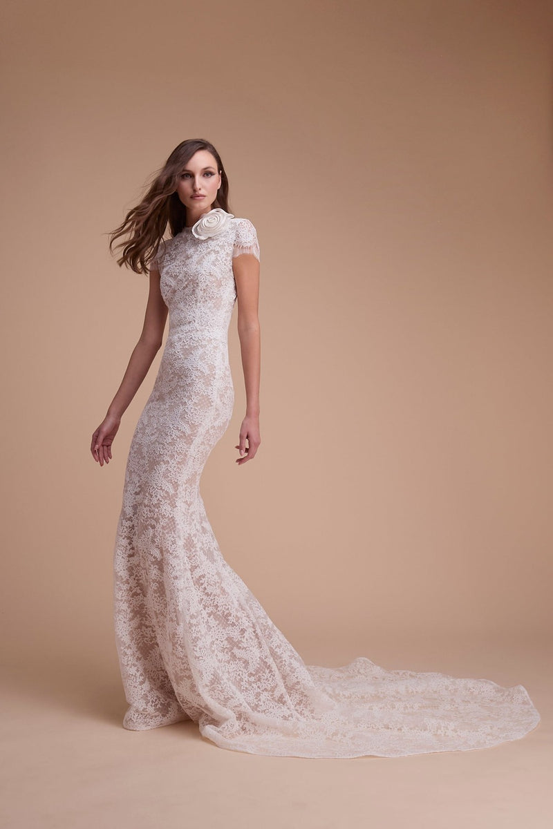 High-Neck Cap Sleeve Lace Sheath Wedding Dress With 3D Rosette | Kleinfeld Bridal High-Neck Cap Sleeve Lace Sheath Wedding Dress With 3D Rosette | Kleinfeld Bridal