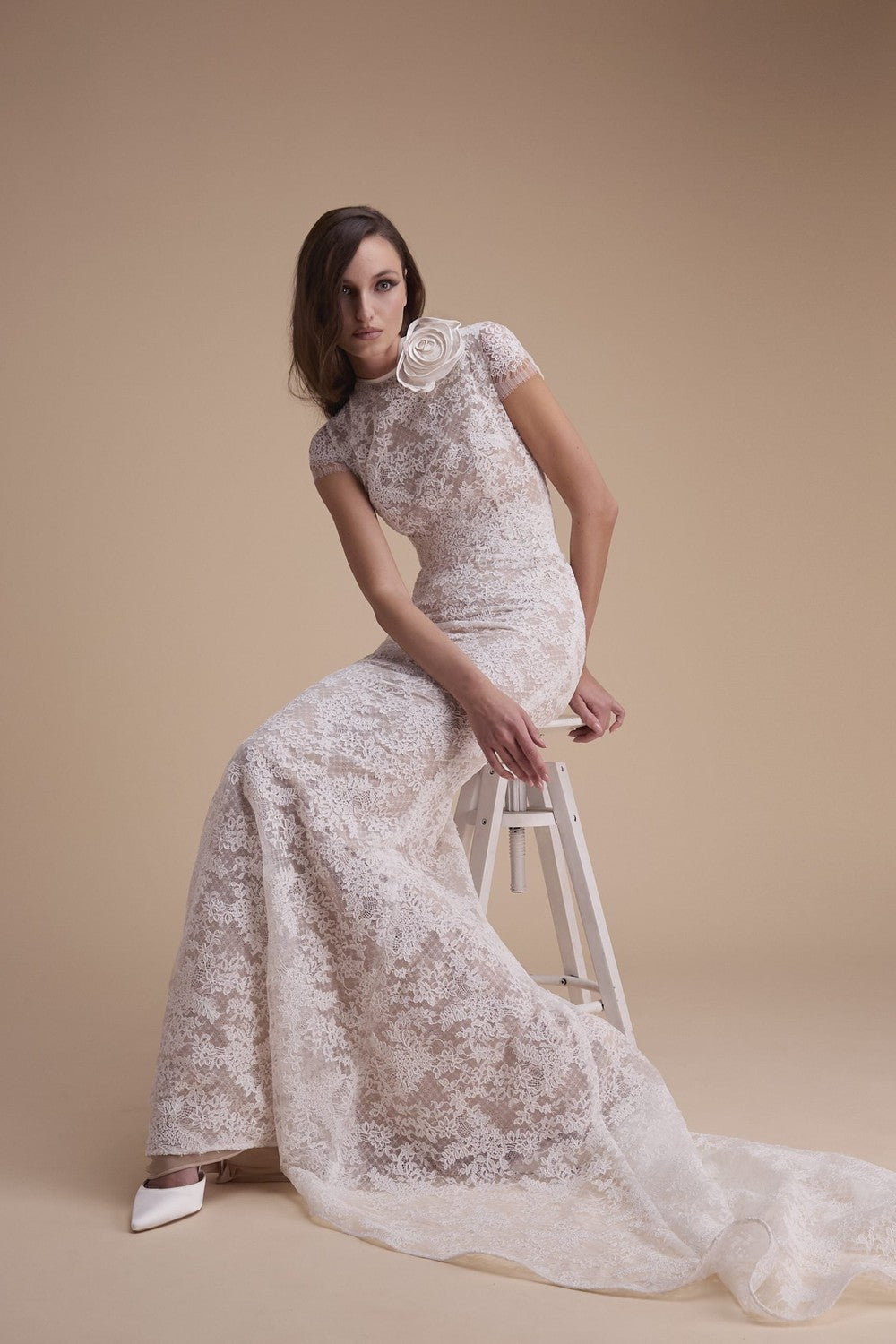 High-Neck Cap Sleeve Lace Sheath Wedding Dress With 3D Rosette by Jaclyn Whyte — image 2 of 2