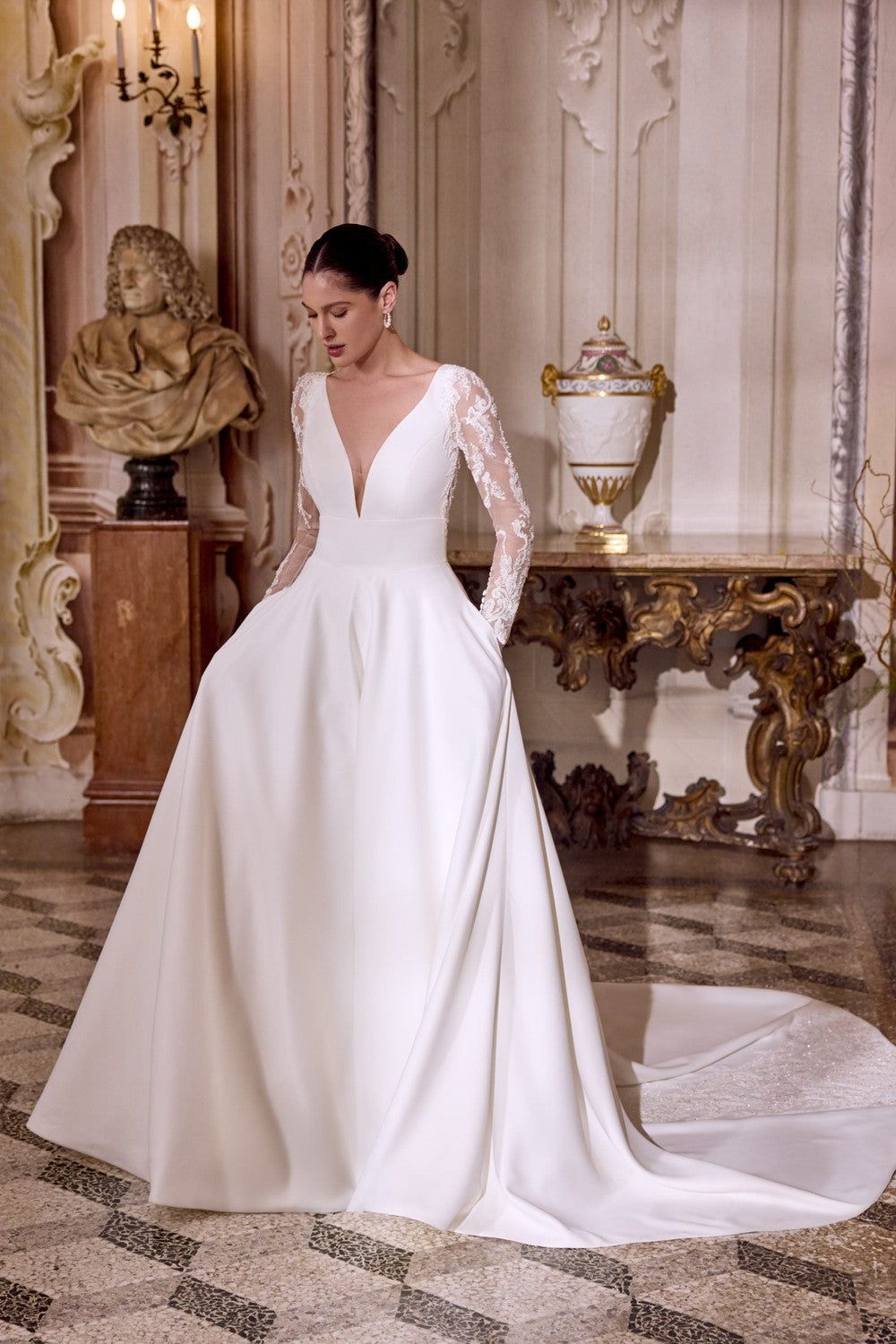 Plus-Size Classic Satin A-Line Wedding Dress With Illusion Sleeves by Justin Alexander — image 1 of 5