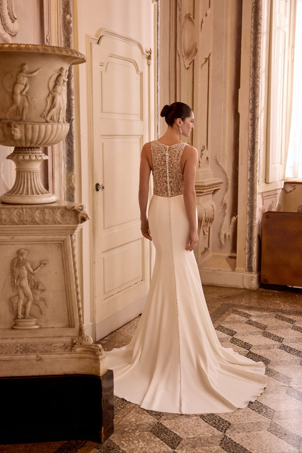 High-Neck Sheath Wedding Dress With Illusion Back And Buttons | Kleinfeld Bridal High-Neck Sheath Wedding Dress With Illusion Back And Buttons | Kleinfeld Bridal