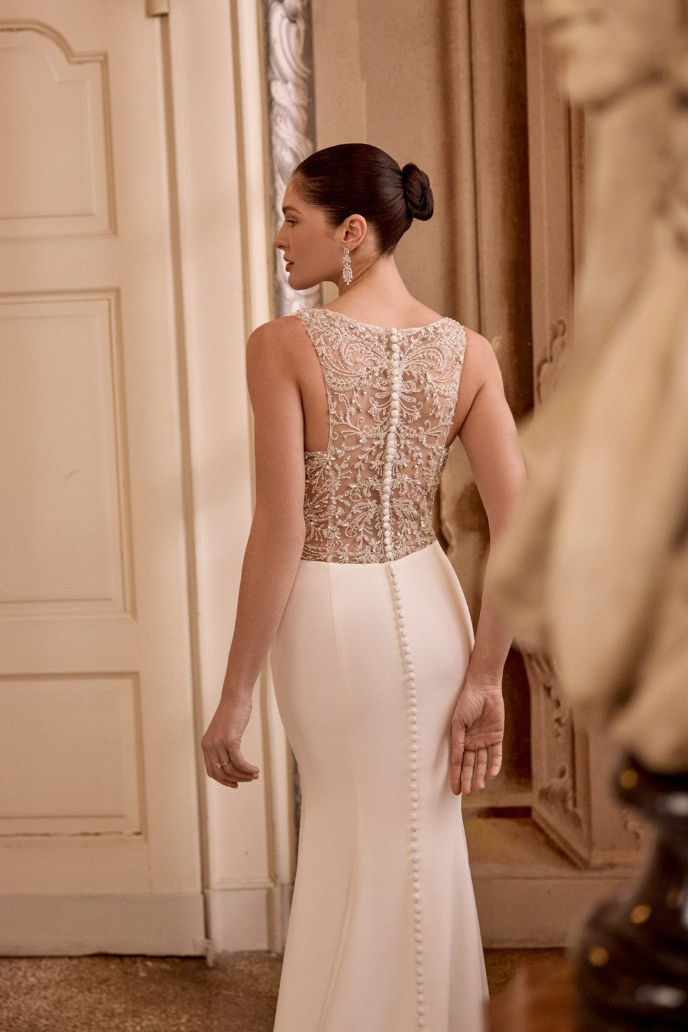 High-Neck Sheath Wedding Dress With Illusion Back And Buttons | Kleinfeld Bridal High-Neck Sheath Wedding Dress With Illusion Back And Buttons | Kleinfeld Bridal