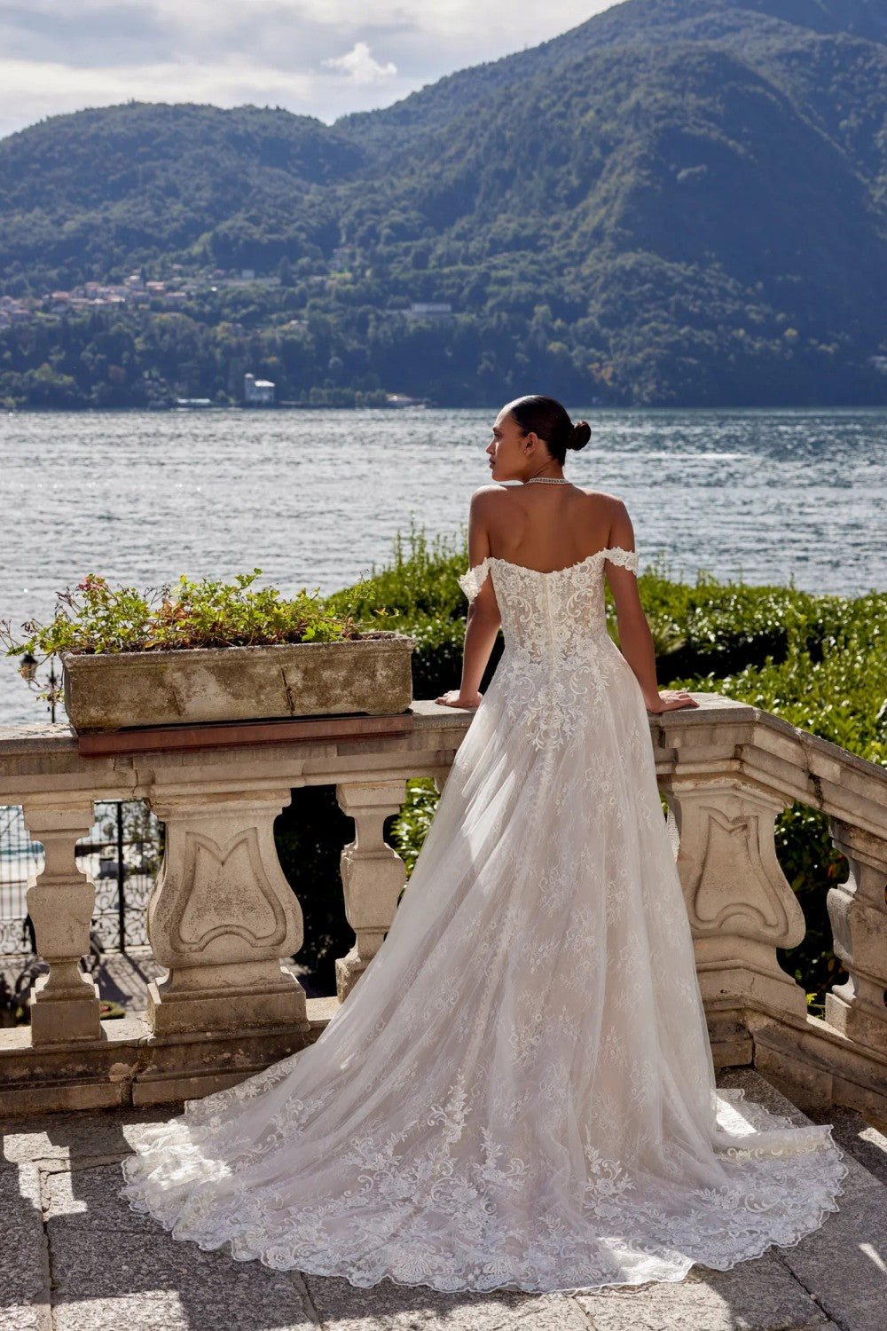 Romantic Off-the-Shoulder A-Line Gown With Scalloped Train by Justin Alexander — image 2 of 4