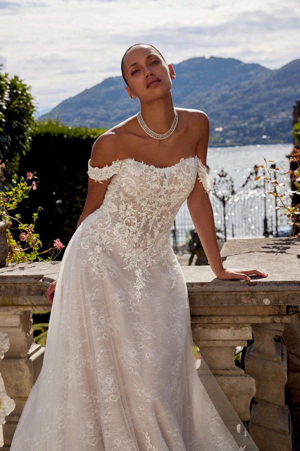 Romantic Off-the-Shoulder A-Line Gown With Scalloped Train