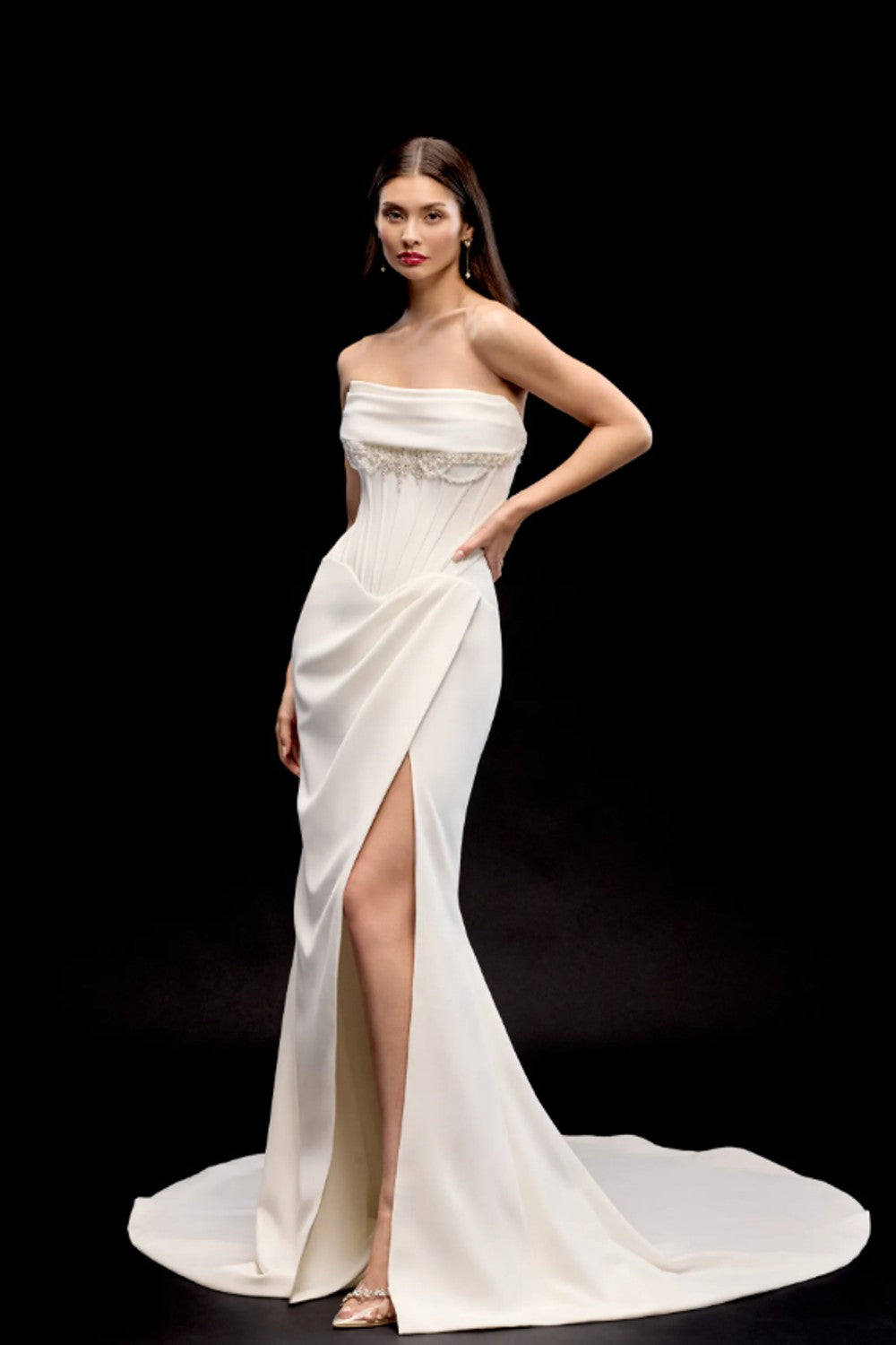 Glamorous Embellished Sheath Wedding Dress With Corset And Slit by Justin Alexander Signature — image 1 of 2