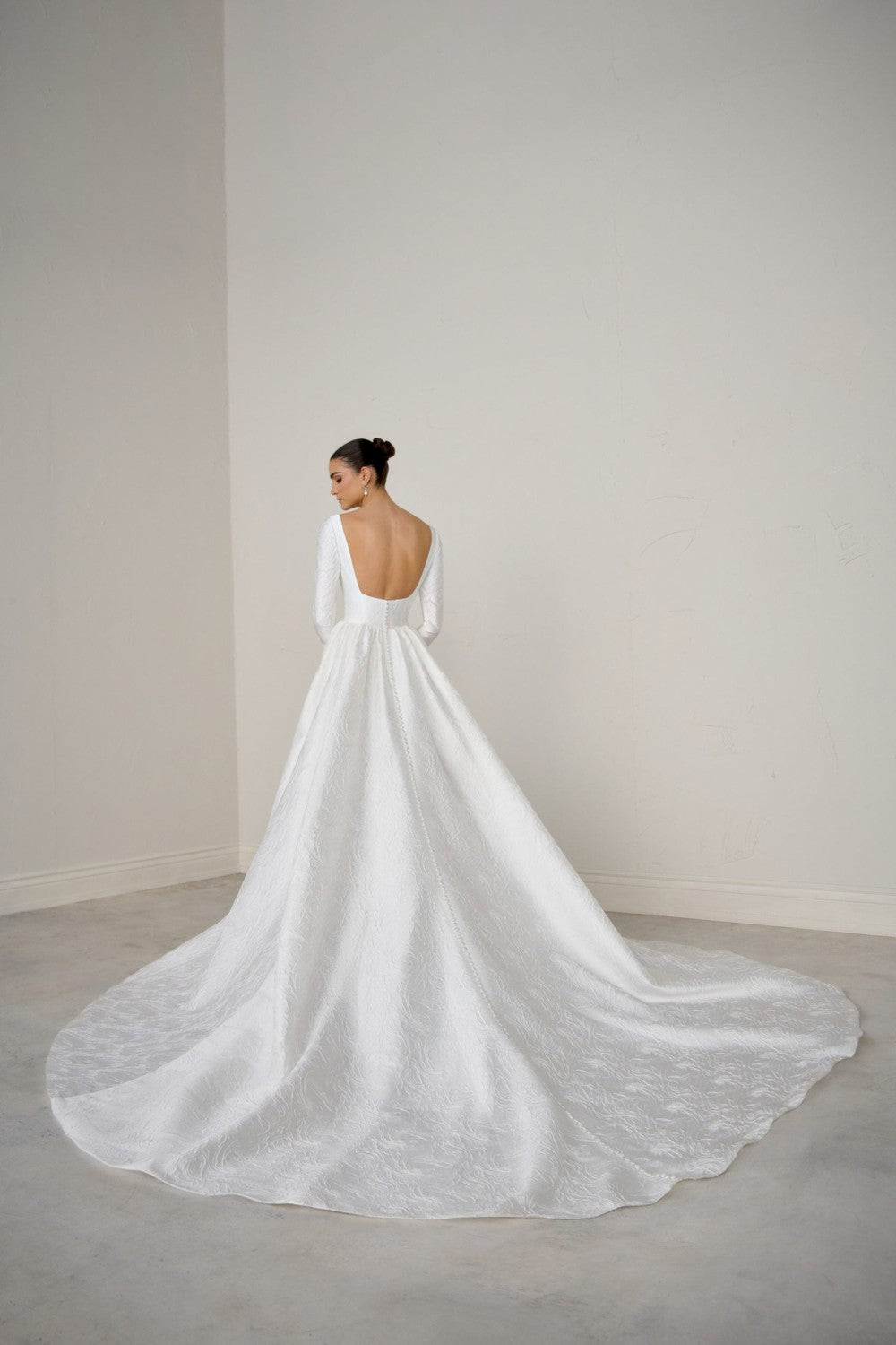 High-Neck Long Sleeve Brocade A-Line Wedding Dress With Open Back And Buttons | Kleinfeld Bridal High-Neck Long Sleeve Brocade A-Line Wedding Dress With Open Back And Buttons | Kleinfeld Bridal