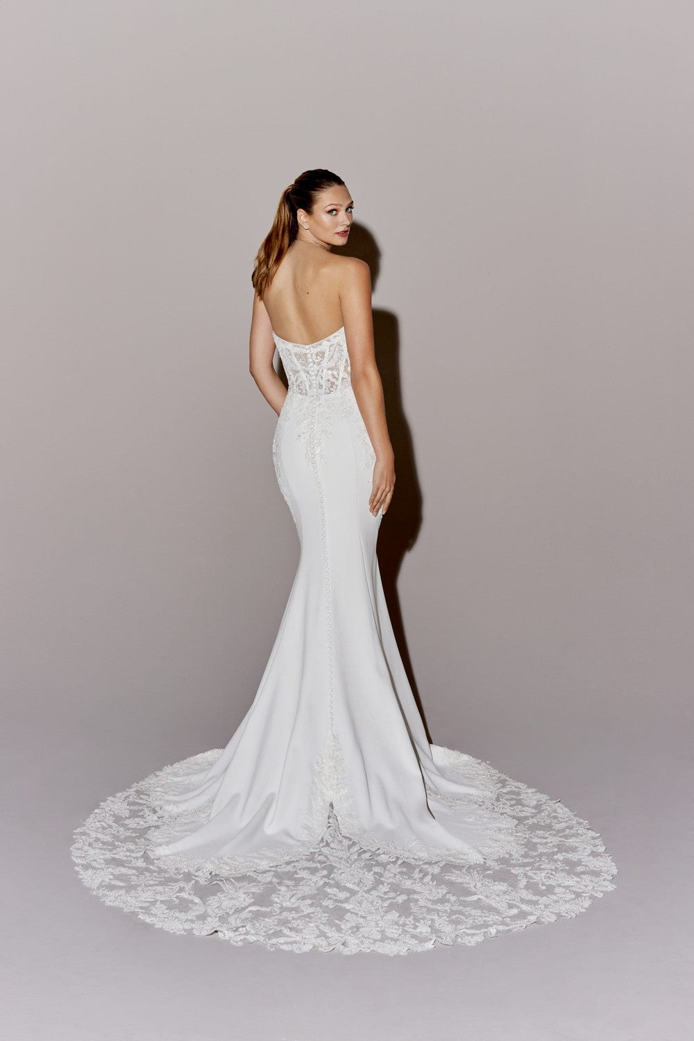 Romantic Lace And Crepe Fit-and-Flare Wedding Dress With Buttons by Justin Alexander Signature — image 2 of 2