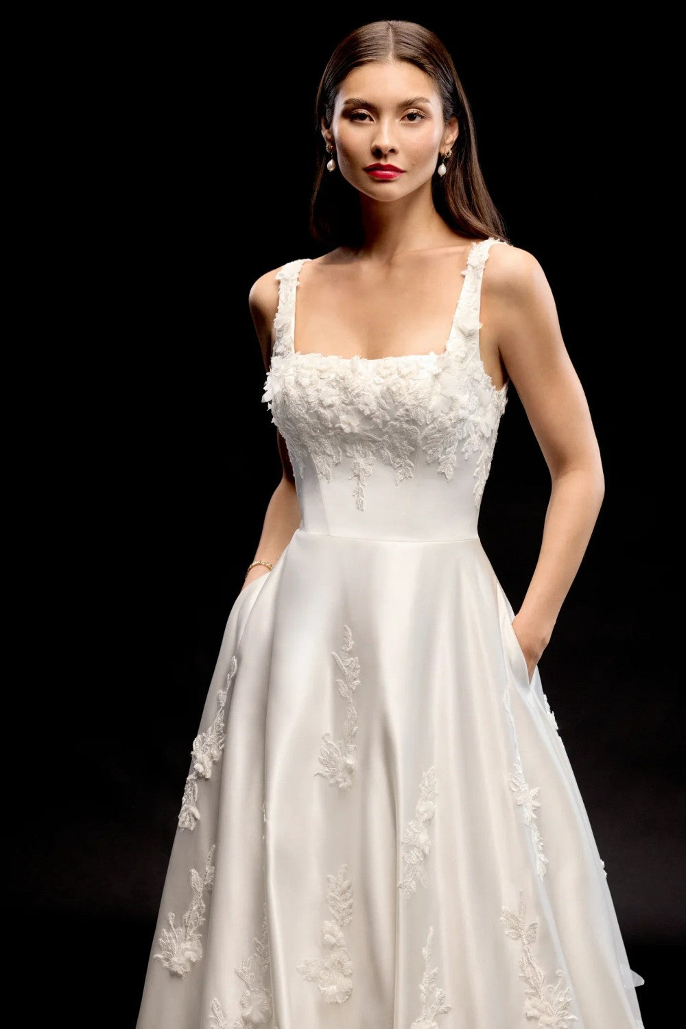 Square-Neck 3D Floral Satin A-Line Wedding Dress With Buttons by Justin Alexander Signature — image 2 of 3
