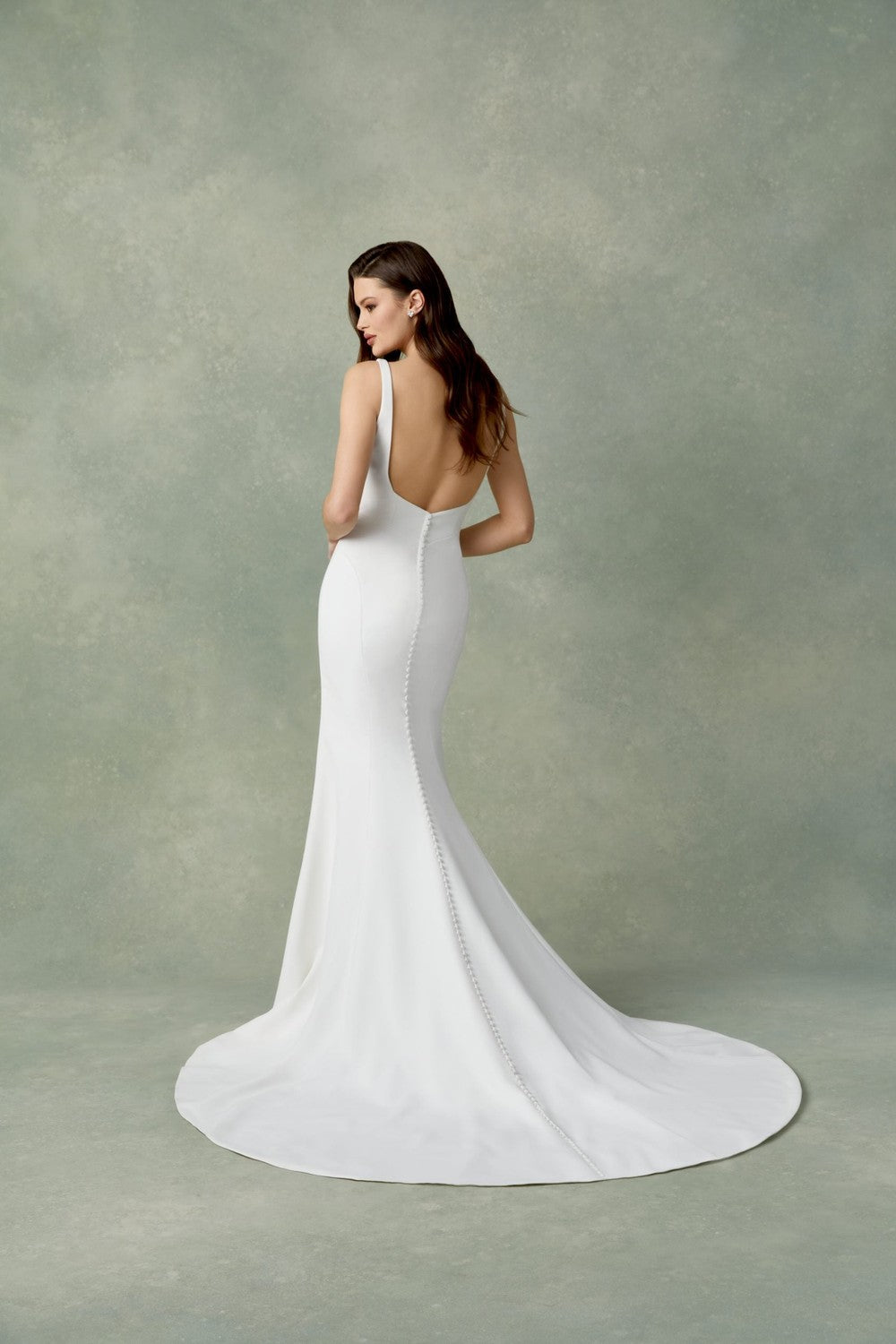 Simple Square-Neck Crepe Fit-and-Flare Wedding Dress With Buttons by Justin Alexander — image 2 of 2