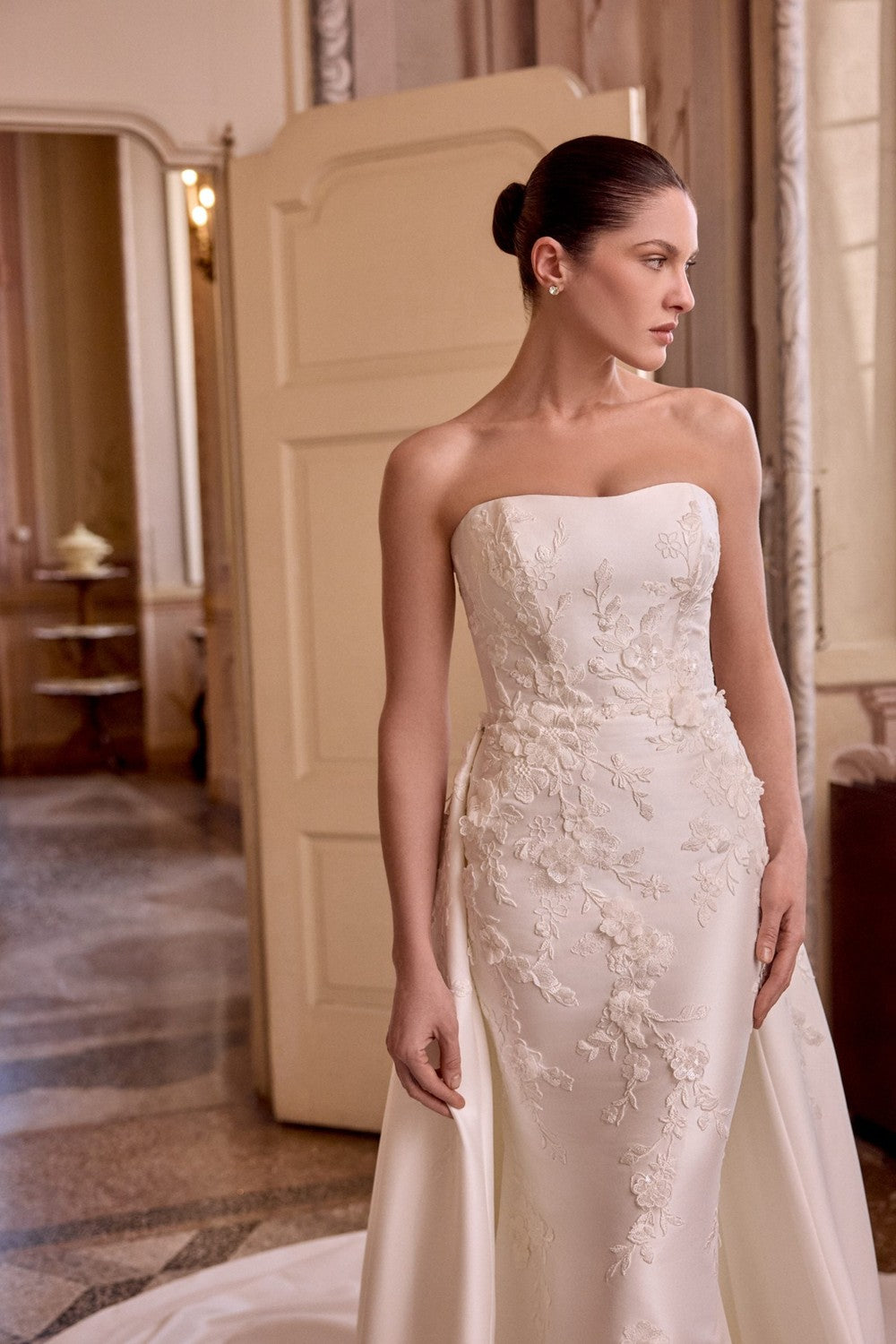 3D Floral Silk Fit-And-Flare Wedding Dress With Detachable Overskirt by Justin Alexander — image 3 of 5