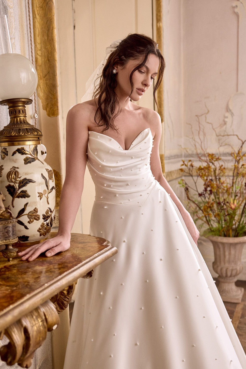Strapless Pearl-Adorned A-Line Wedding Dress With Buttons by Justin Alexander — image 1 of 3