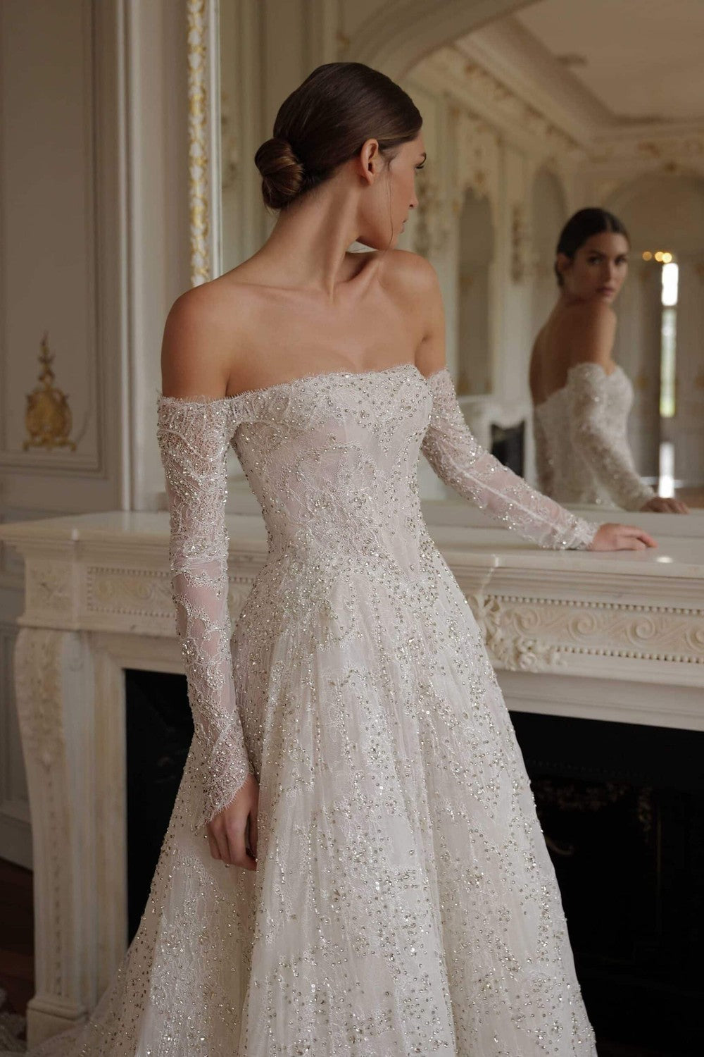 Regal Crystal-Embellished Lace Ball Gown With Off-The-Shoulder Long Sleeves by Lee Petra Grebenau — image 2 of 3