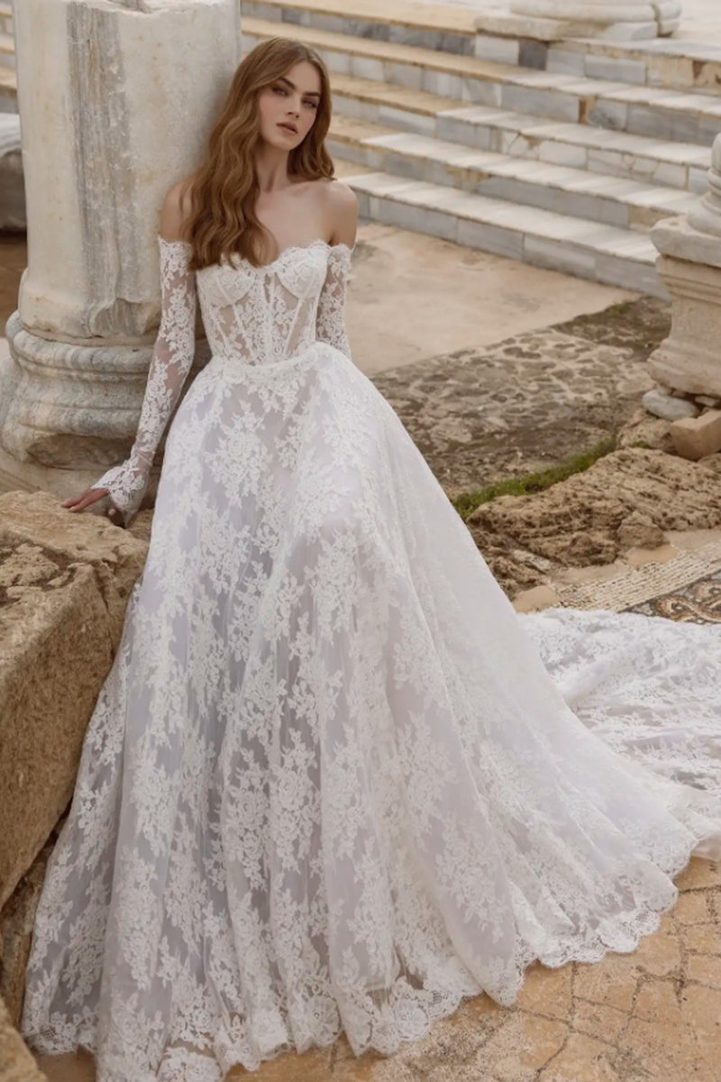 a line off the shoulder long sleeve wedding dress Romantic Lace A-Line Gown 11 Most Iconic Dresses Midi Dress Color:royal this off