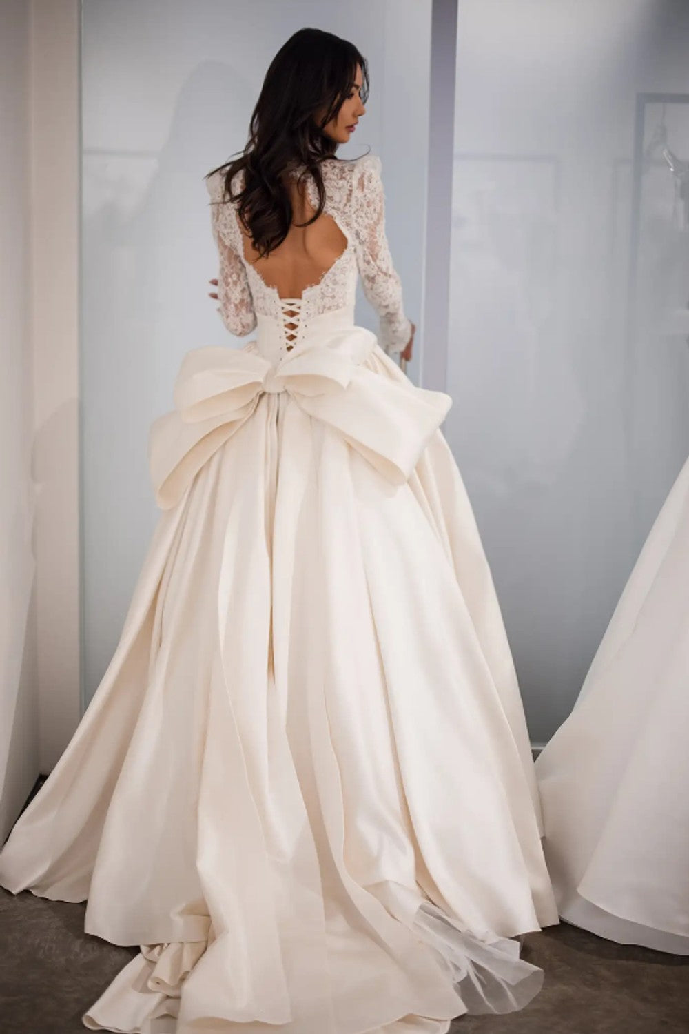 Long Sleeve Lace And Satin Ball Gown With Bow by Love by Pnina Tornai — image 2 of 2