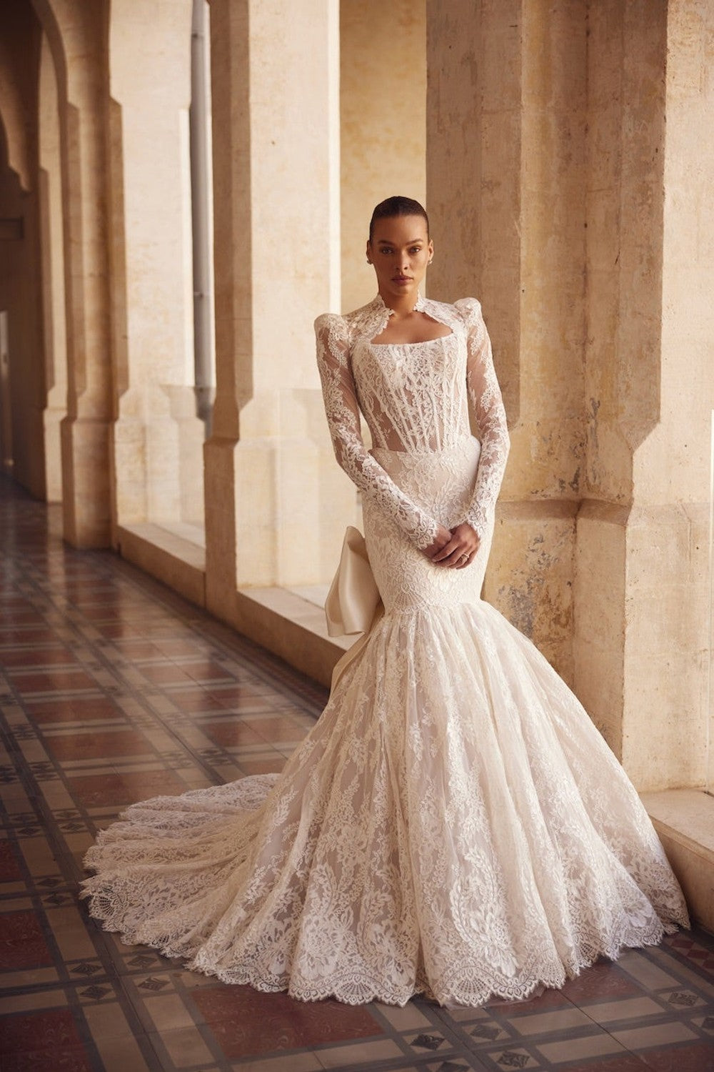 Plus-Size Lace Mermaid Wedding Dress With Detachable Gloves And Bolero by Love by Pnina Tornai — image 1 of 2