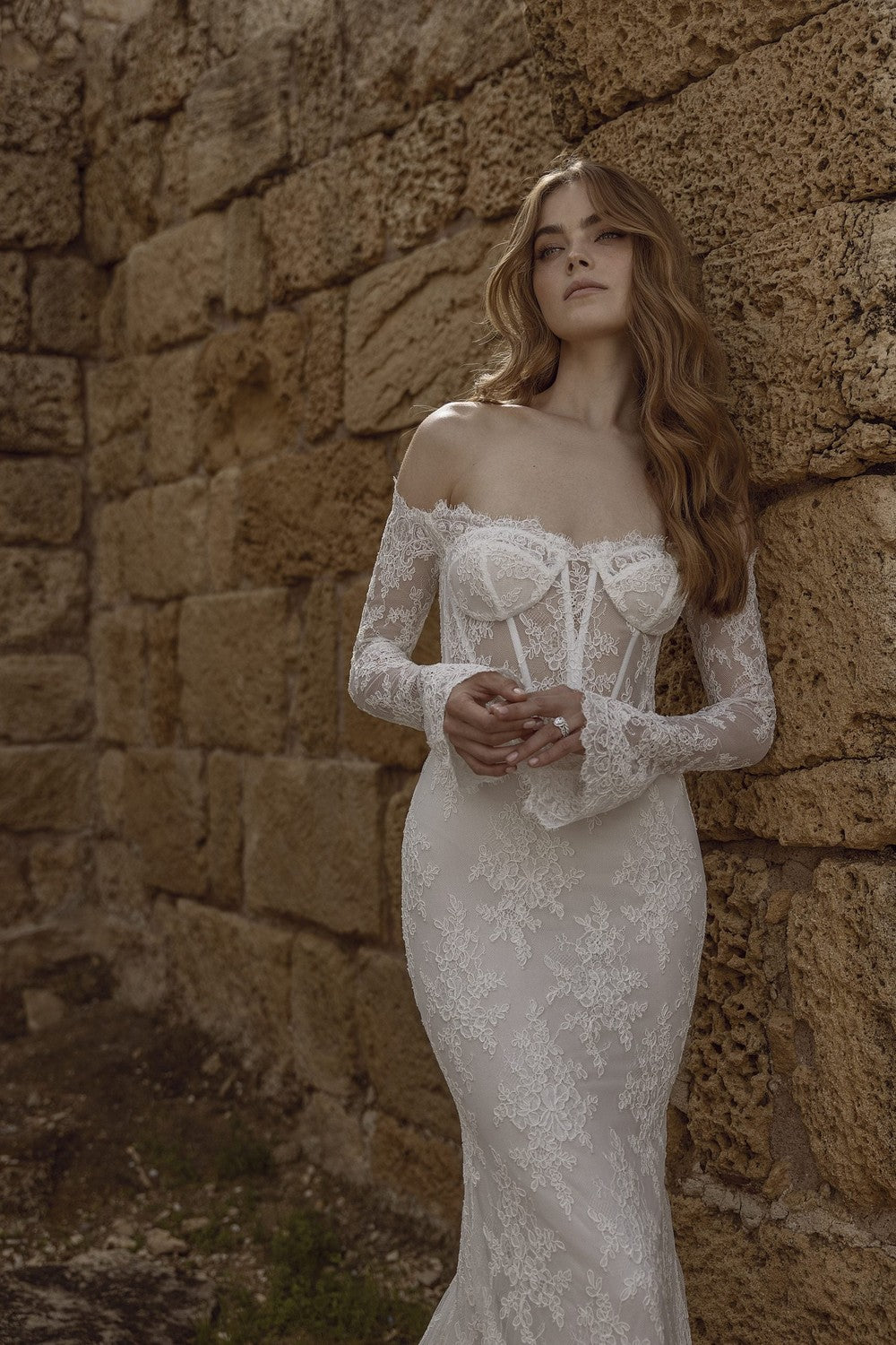 Plus-Size Off-The-Shoulder Long Sleeve Lace Fit-And-Flare Wedding Dress  With Corset