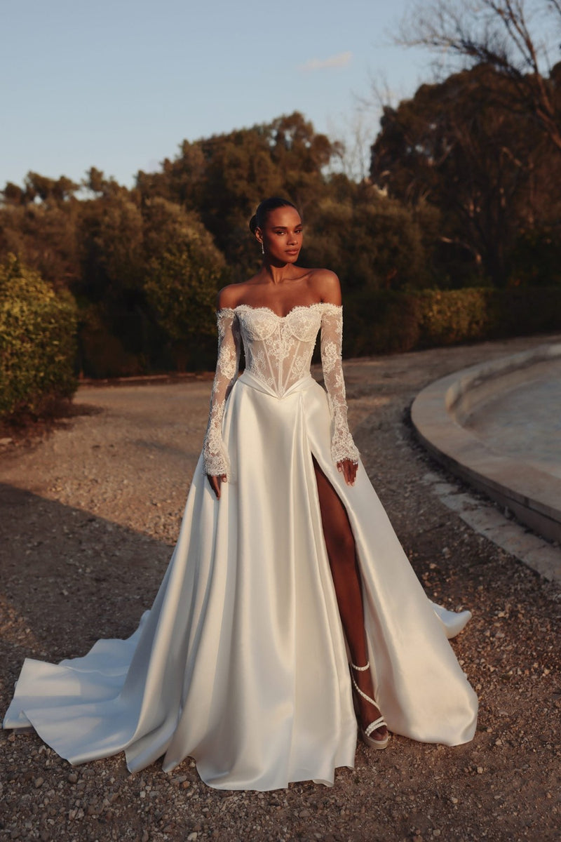 off shoulder long sleeve a line wedding dress Long Sleeve A-Line Wedding Dress