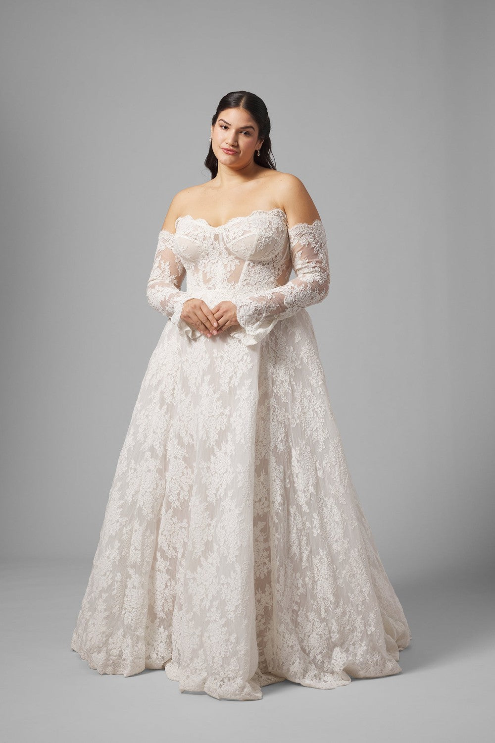 Plus-Size Romantic Off-the-Shoulder Long Sleeve Lace A-Line Gown by Love by Pnina Tornai — image 1 of 4