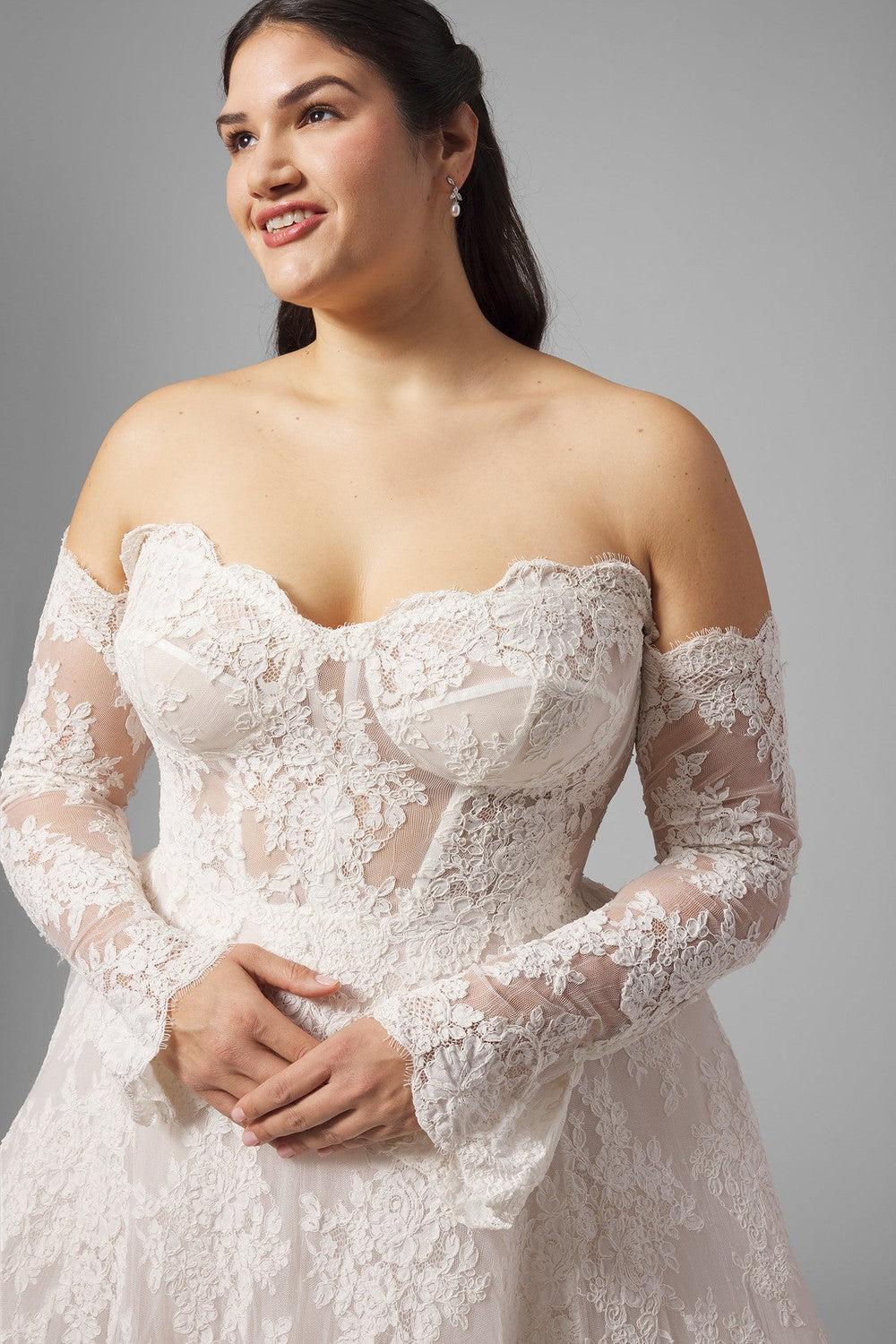 Plus-Size Romantic Off-the-Shoulder Long Sleeve Lace A-Line Gown