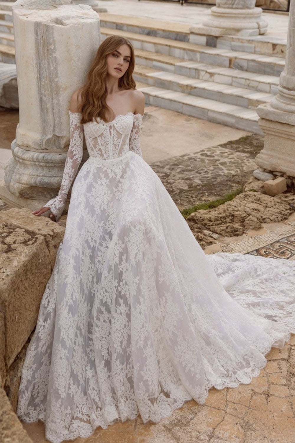Plus-Size Romantic Off-the-Shoulder Long Sleeve Lace A-Line Gown by Love by Pnina Tornai — image 3 of 4