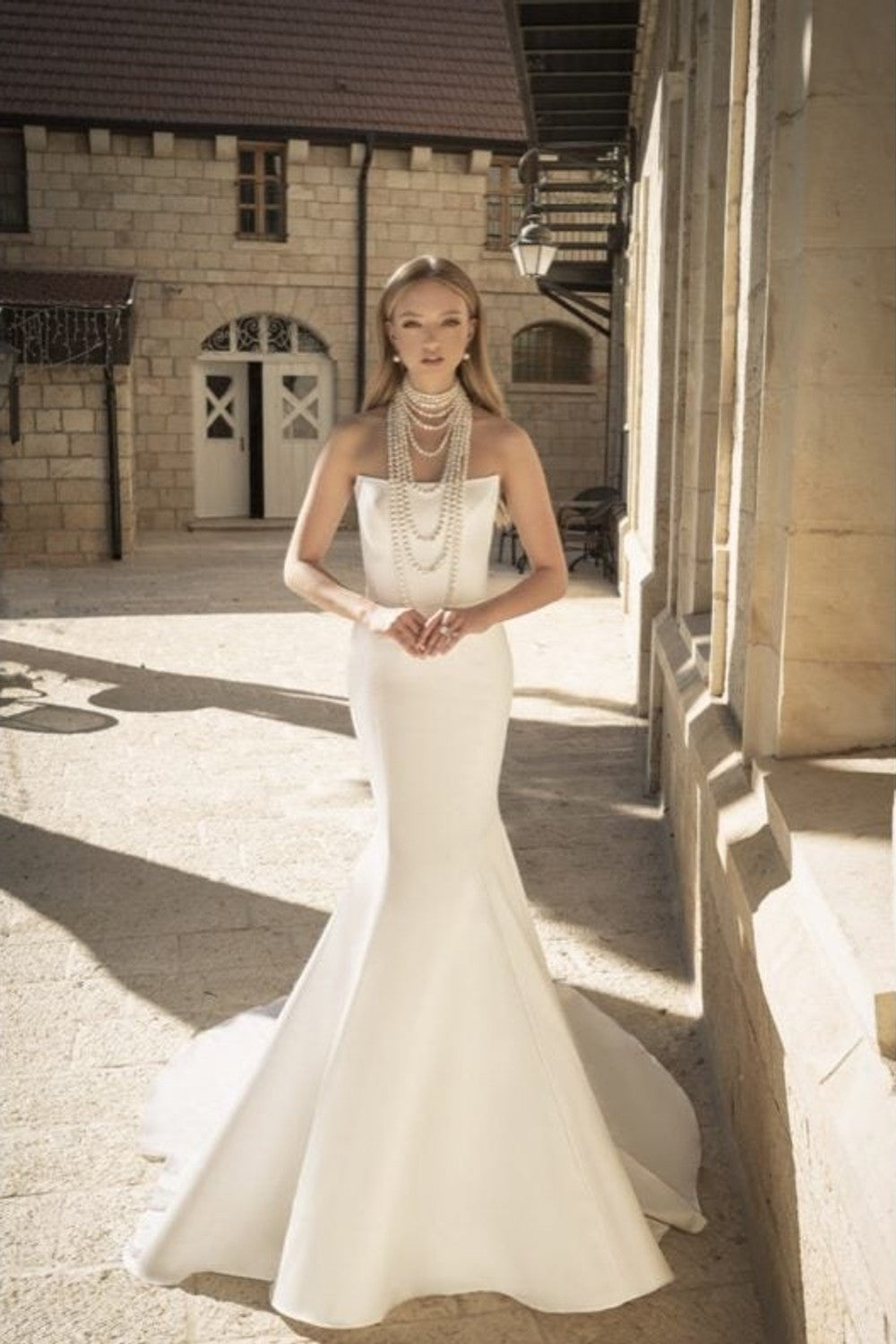 Strapless Stretch Satin Fit-and-Flare Wedding Dress by Love by Pnina Tornai — image 1 of 4