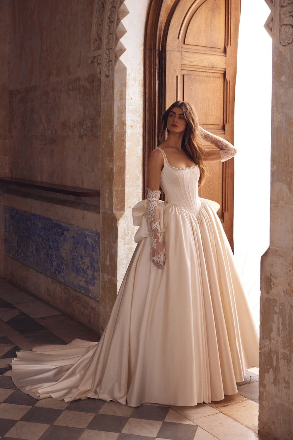 Timeless Basque Waist Satin Ball Gown With Bow by Love by Pnina Tornai — image 1 of 2