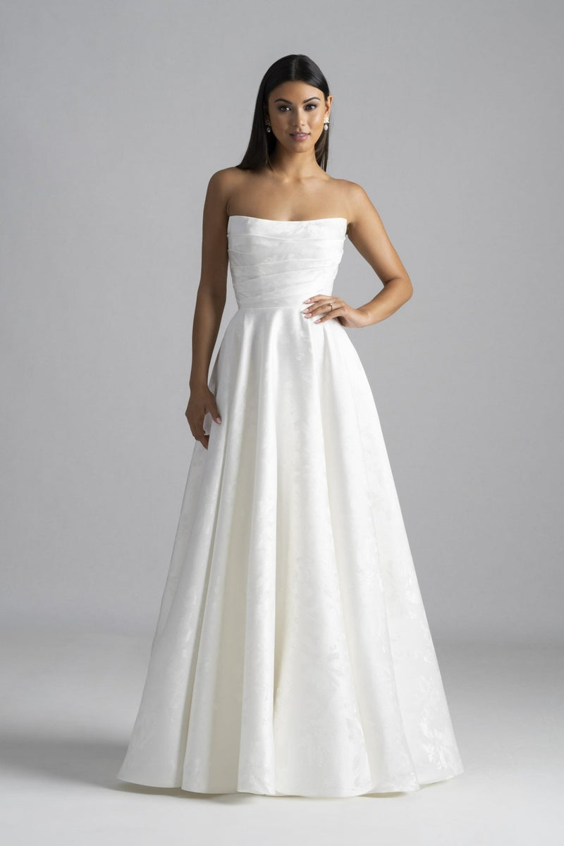 floral jacquard a line wedding dress Floral Jacquard Plunging A-line Bowknot Wedding Dress