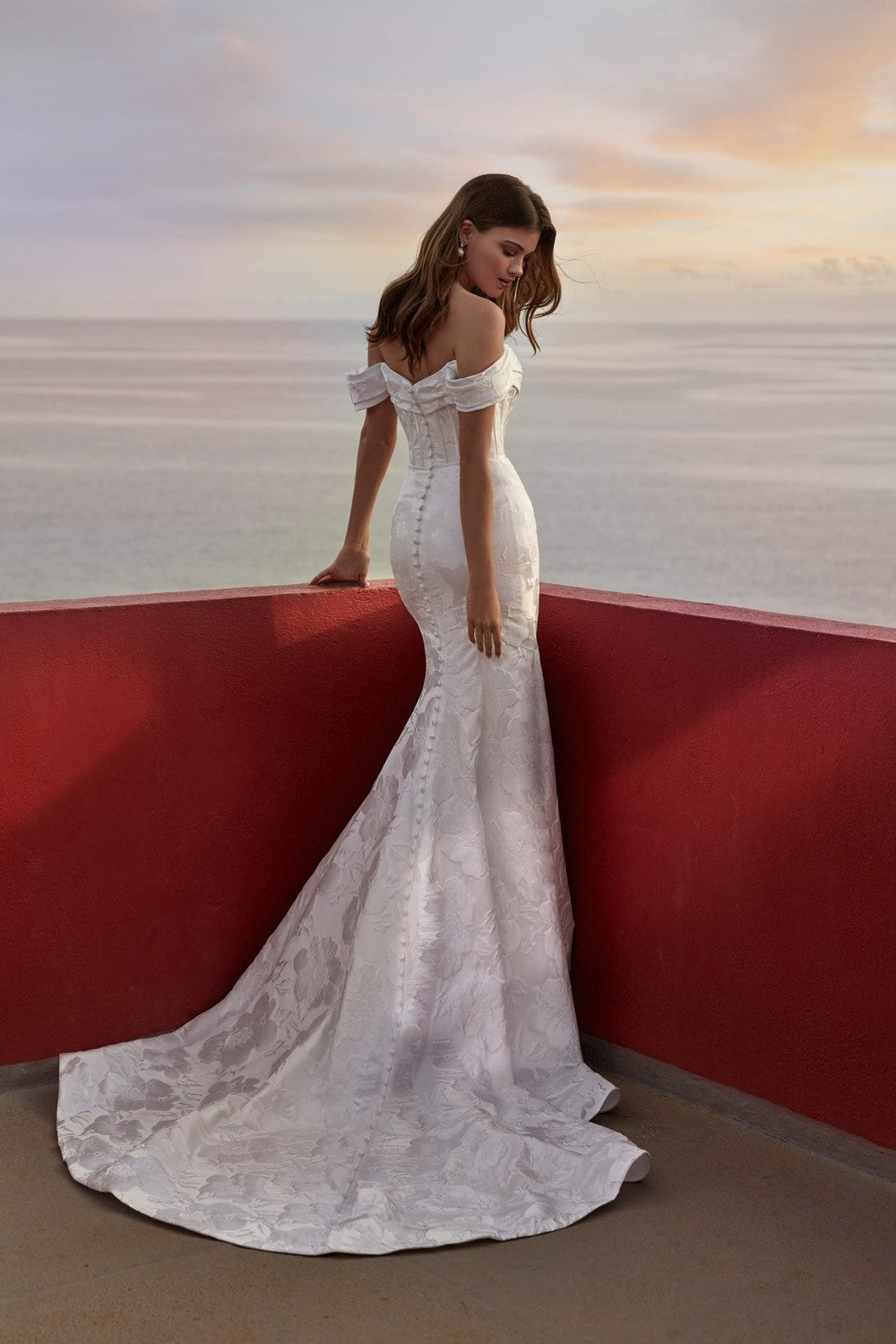 Off-the-Shoulder Jacquard Fit-and-Flare Wedding Dress With Buttons by Madison James — image 2 of 2
