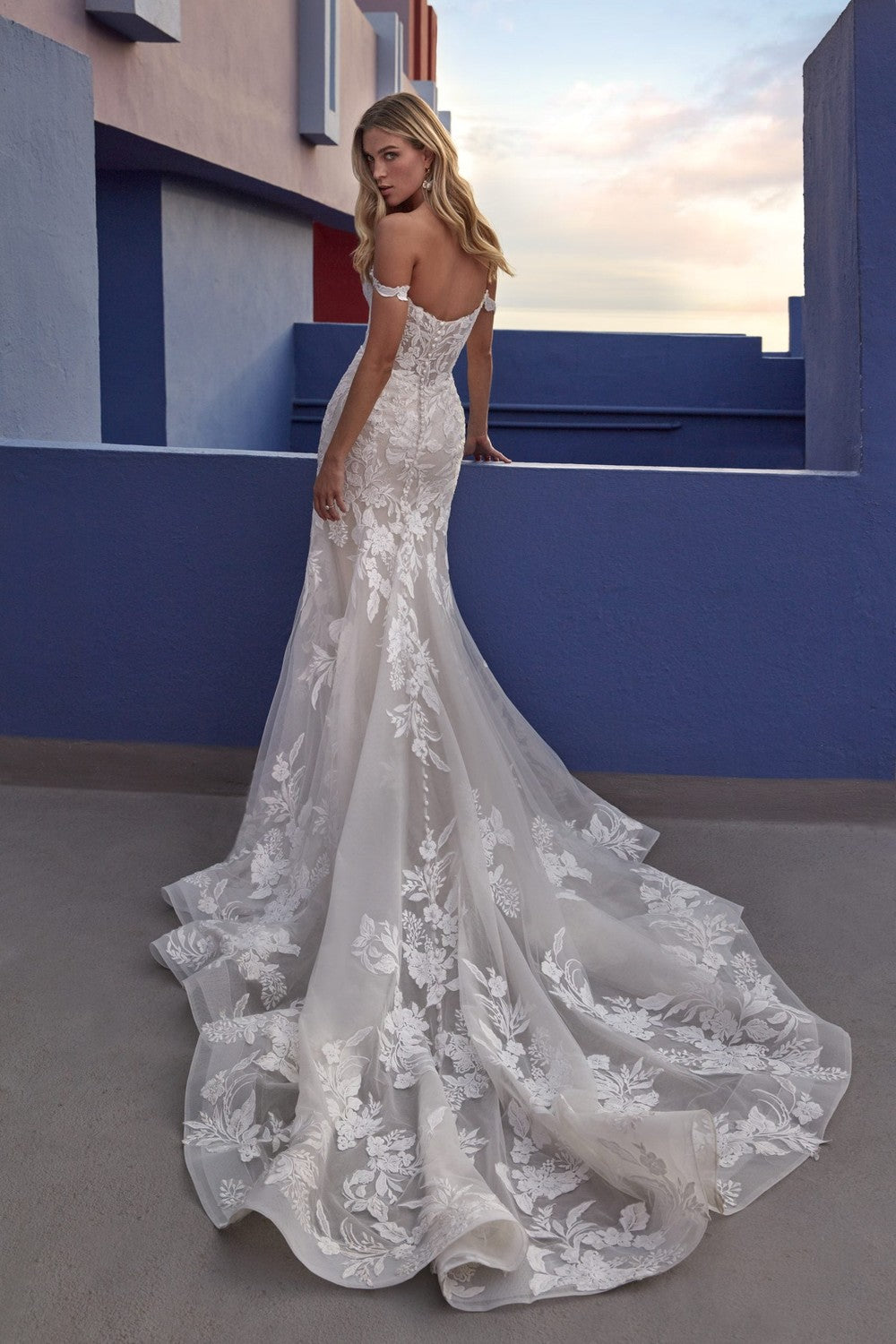 Off-The-Shoulder Floral-Embroidered Fit-and-Flare Wedding Dress by Madison James — image 2 of 2
