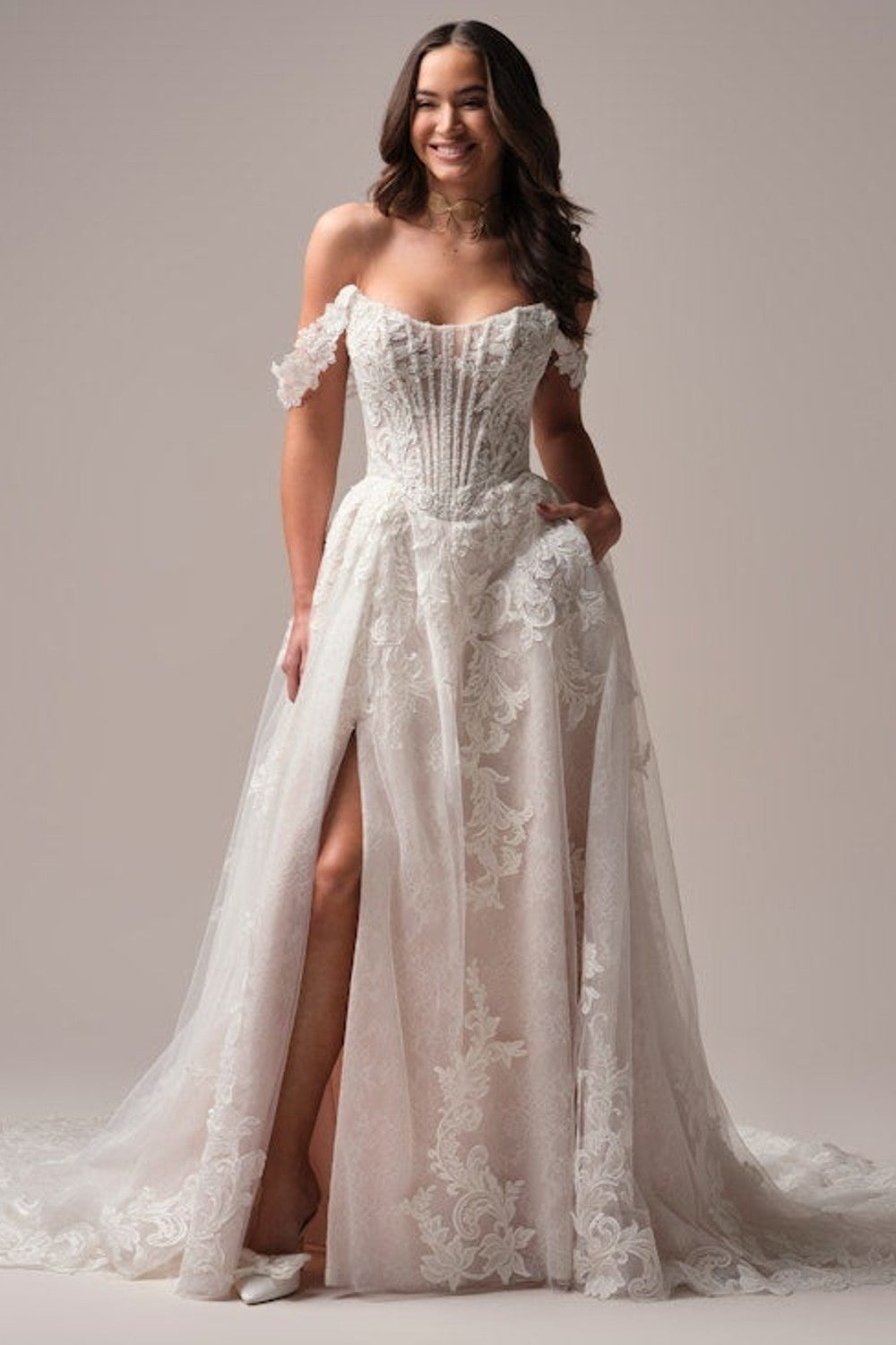 Glamorous And Sparkly Basque-Waist A-Line Wedding Dress With Slit by Maggie Sottero — image 3 of 5