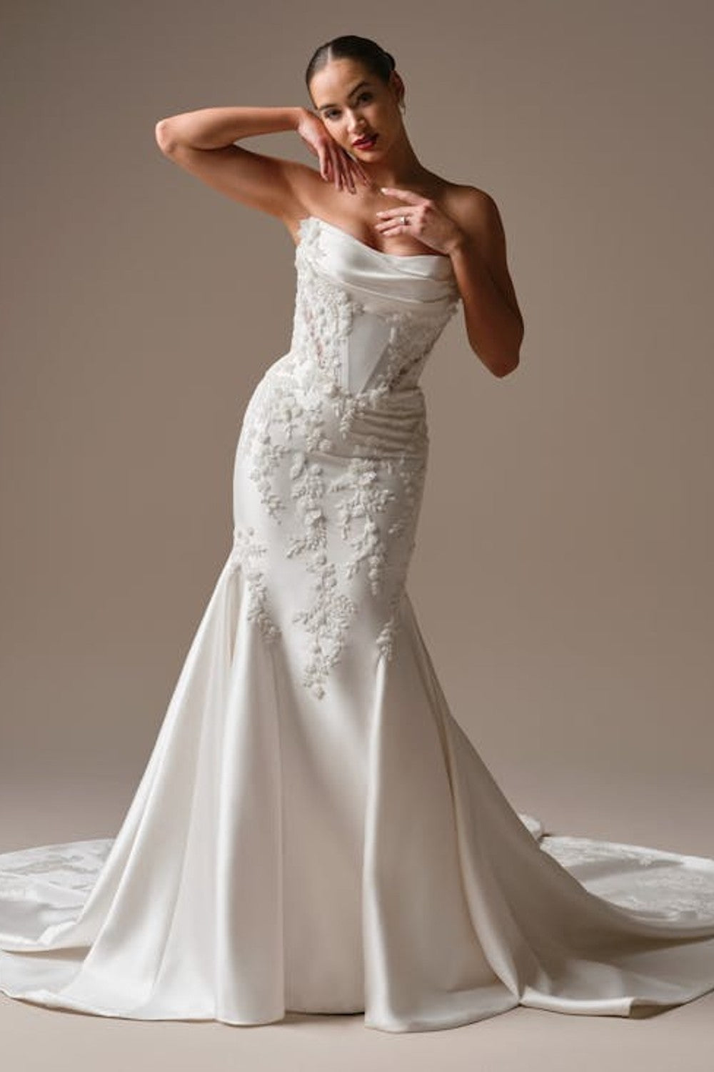 maggie sottero fit and flare wedding dresses Modern Romantic Embellished Satin Fit-And-Flare Dress With Detachable Accessories j426 Brown Dress with Puff Fabric and Care SIZE:XS / 2