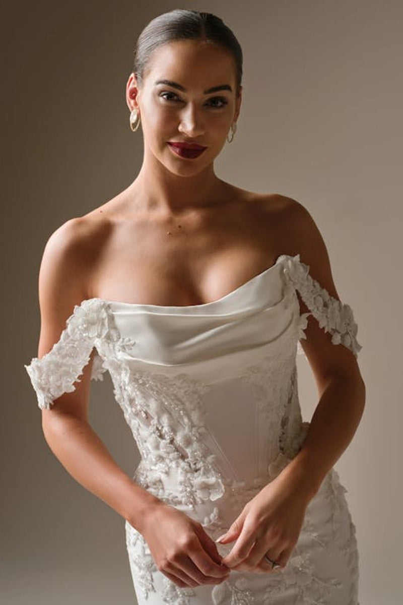 off shoulder wedding dress accessories Plus-Size Modern And Romantic Embellished Satin Fit-And-Flare Wedding Dress  With Detachable Accessories