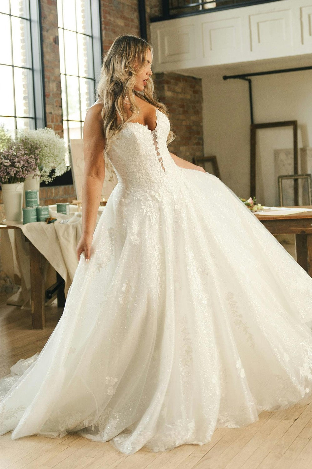 Plus-Size Strapless Sparkly Lace A-Line Wedding Dress With Buttons by Maggie Sottero — image 2 of 3
