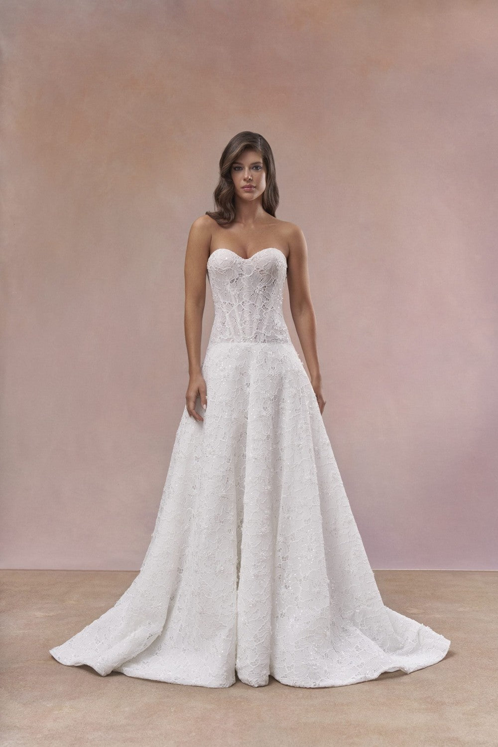 Dramatic Drop‑Waist A‑Line Wedding Dress With Floral Lace by Maria Farbinni — image 1 of 3