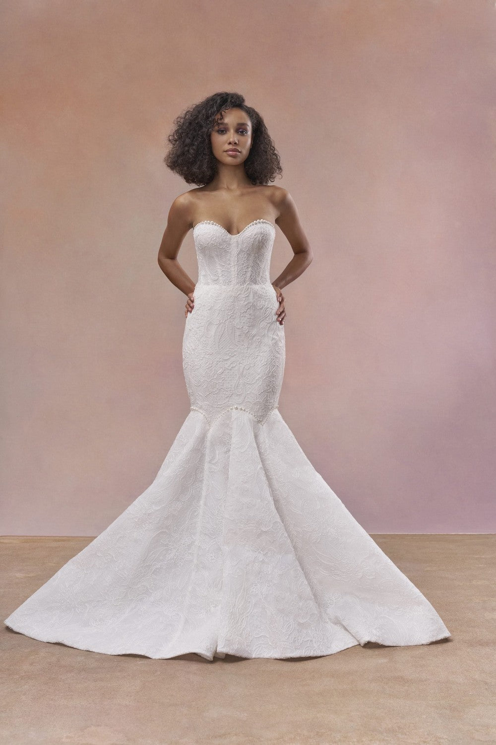 Modern Lace Mermaid Gown With Delicate Pearl Accents by Maria Farbinni — image 1 of 3