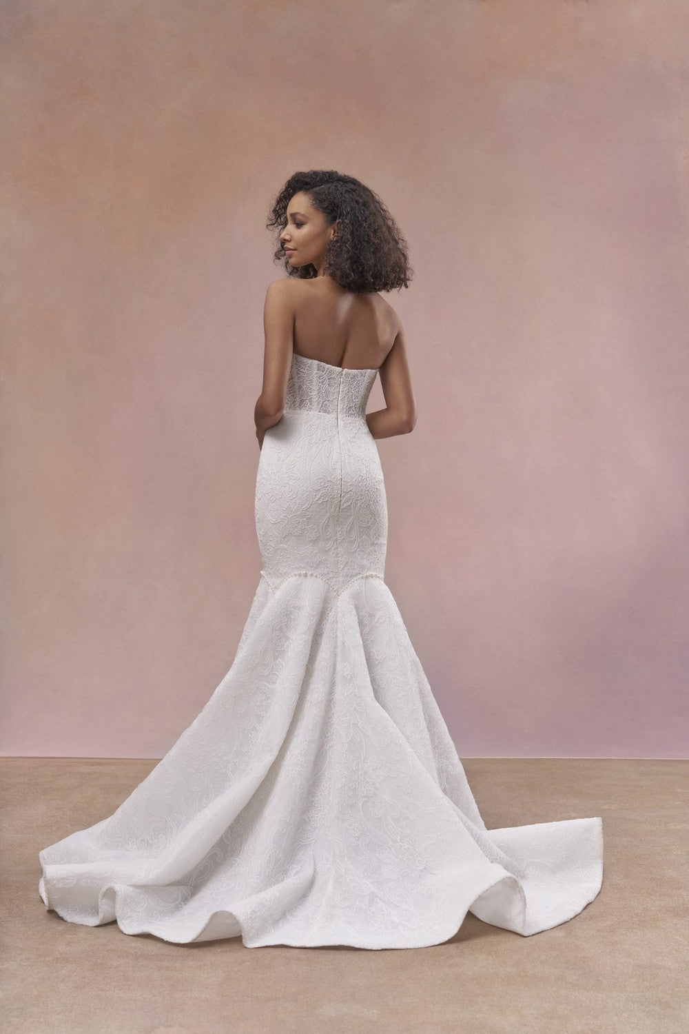 Modern Lace Mermaid Gown With Delicate Pearl Accents by Maria Farbinni — image 3 of 3