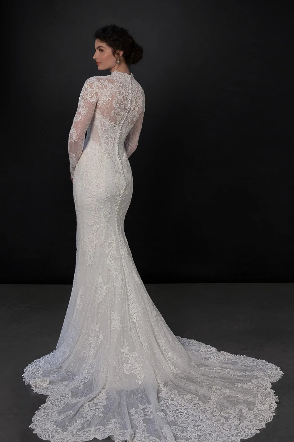slim fit dress slacks High-Neck Long Sleeve Lace Fit-And-Flare Wedding Dress With Detachable  Overskirt