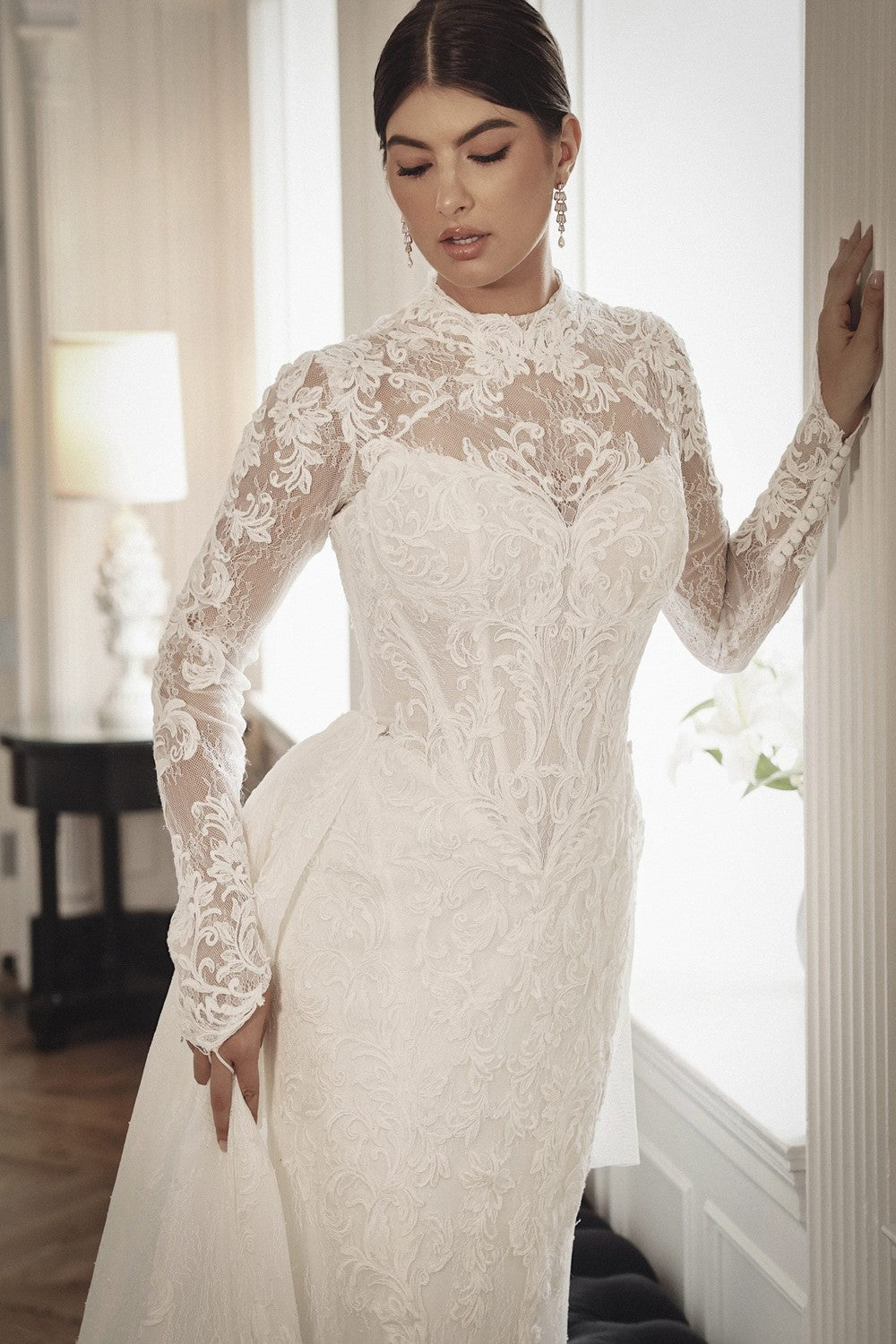 High-Neck Long Sleeve Lace Fit-And-Flare Wedding Dress With Detachable  Overskirt | Kleinfeld Bridal